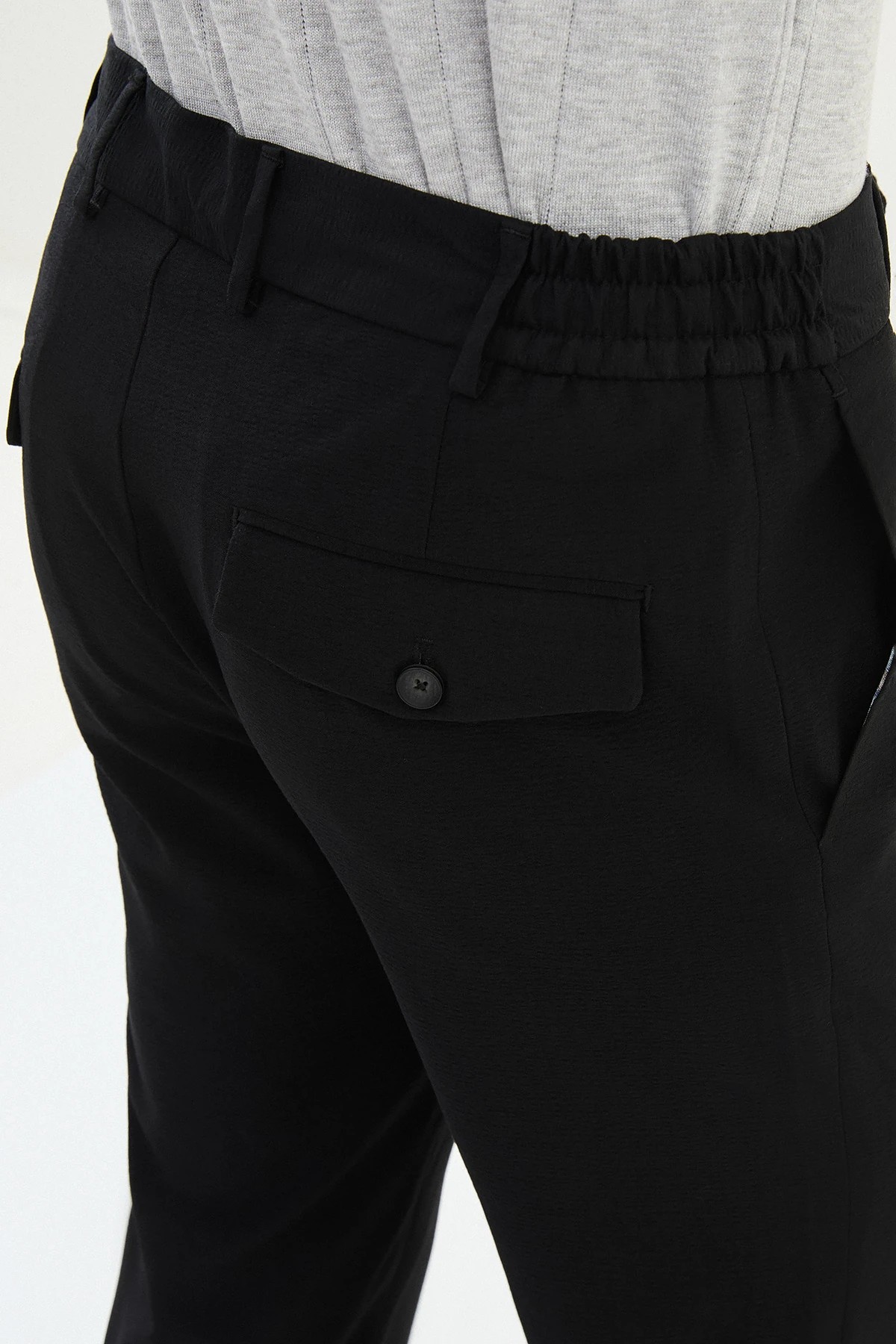 Gofreli Slim Fit Beli Lastikli İpli  Pantolon  - siyah