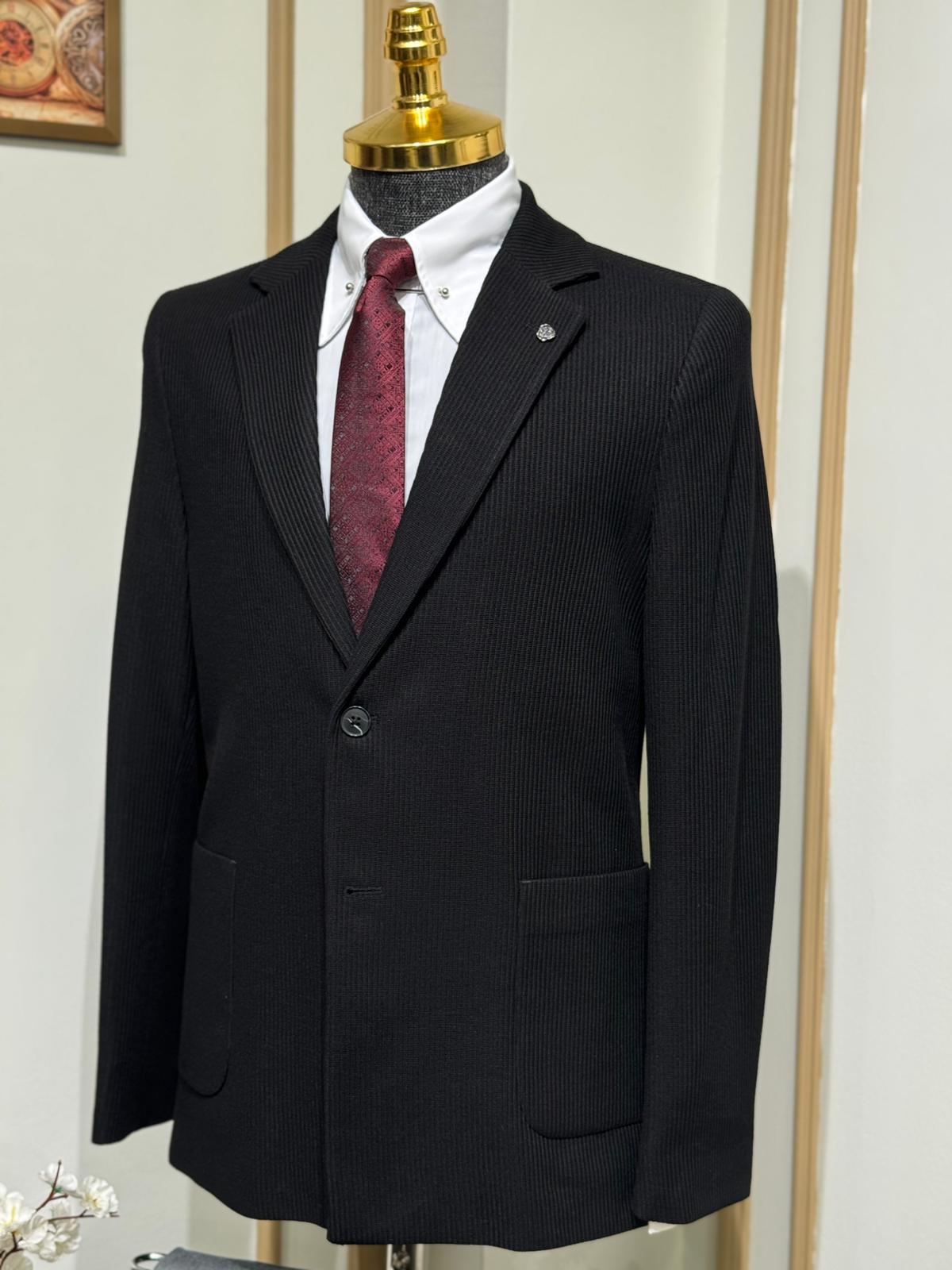 Slim Fit Desenli Torba Cep Detaylı Penye Kumaş Ceket  - Siyah