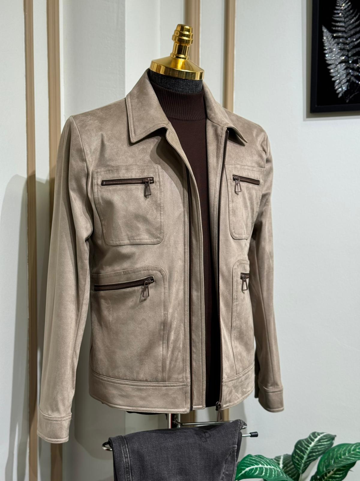 Slim Fit Gömlek Yaka %100 Nubuk Mont  