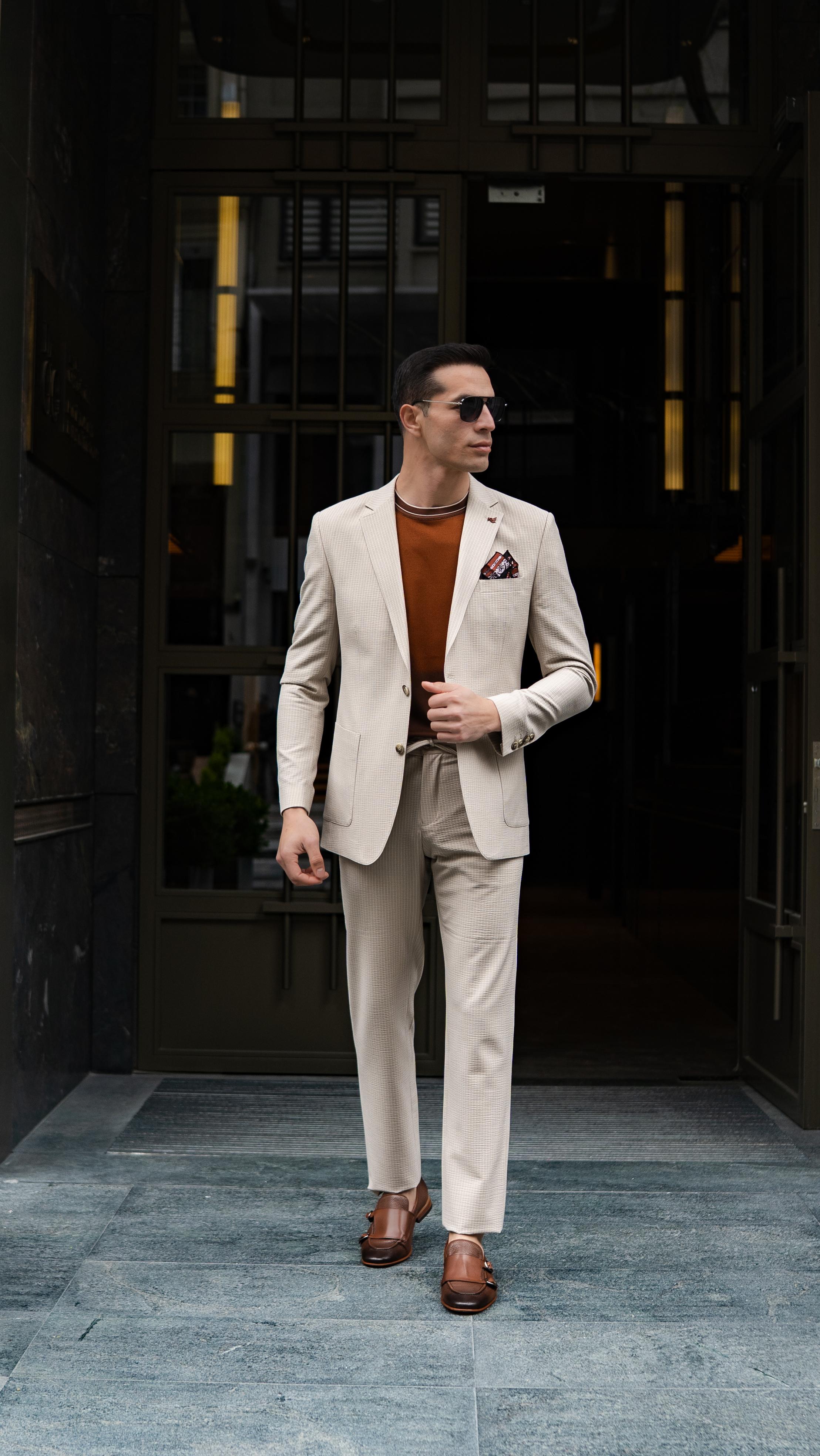 Çizgili Slim Fit Gofre Kumaş Takım Elbiise 