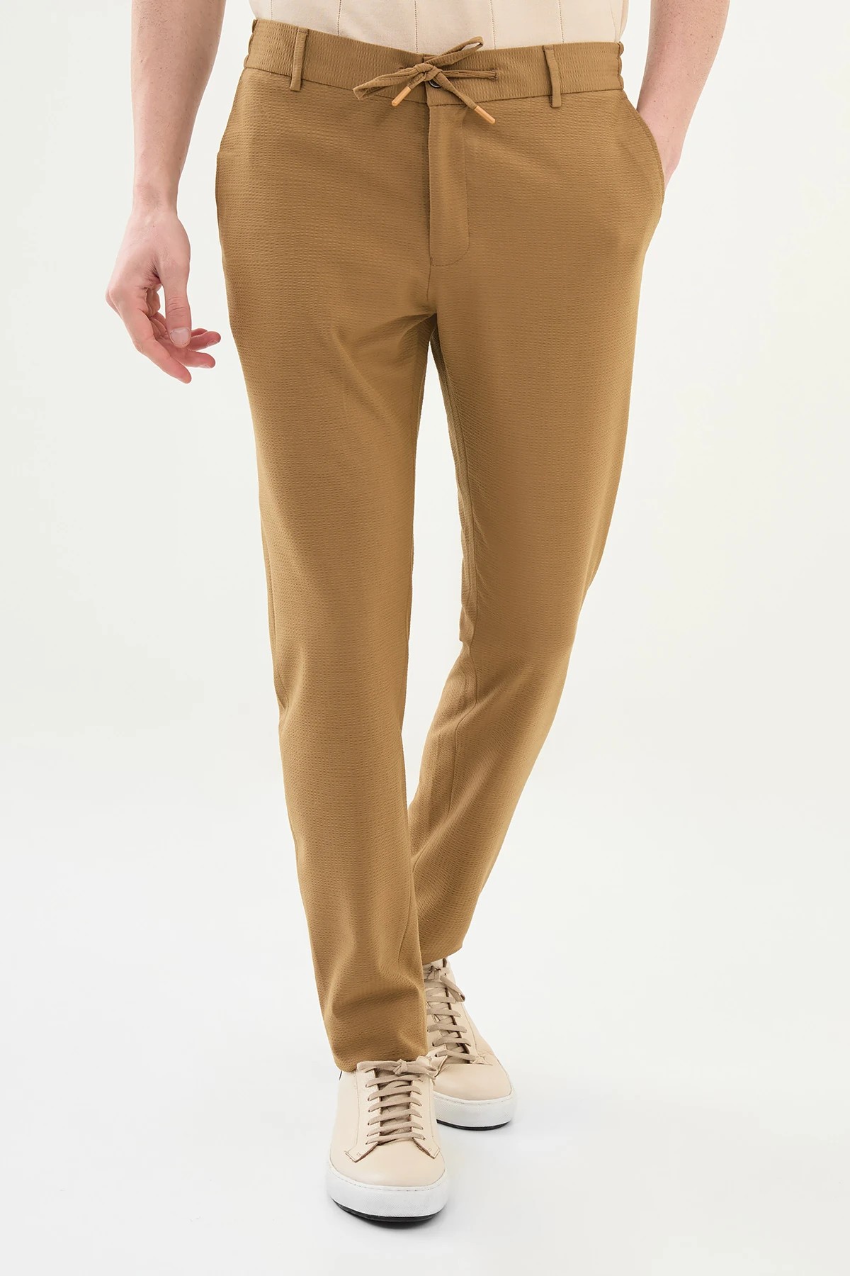 Gofreli Slim Fit Beli Lastikli İpli  Pantolon  - Camel