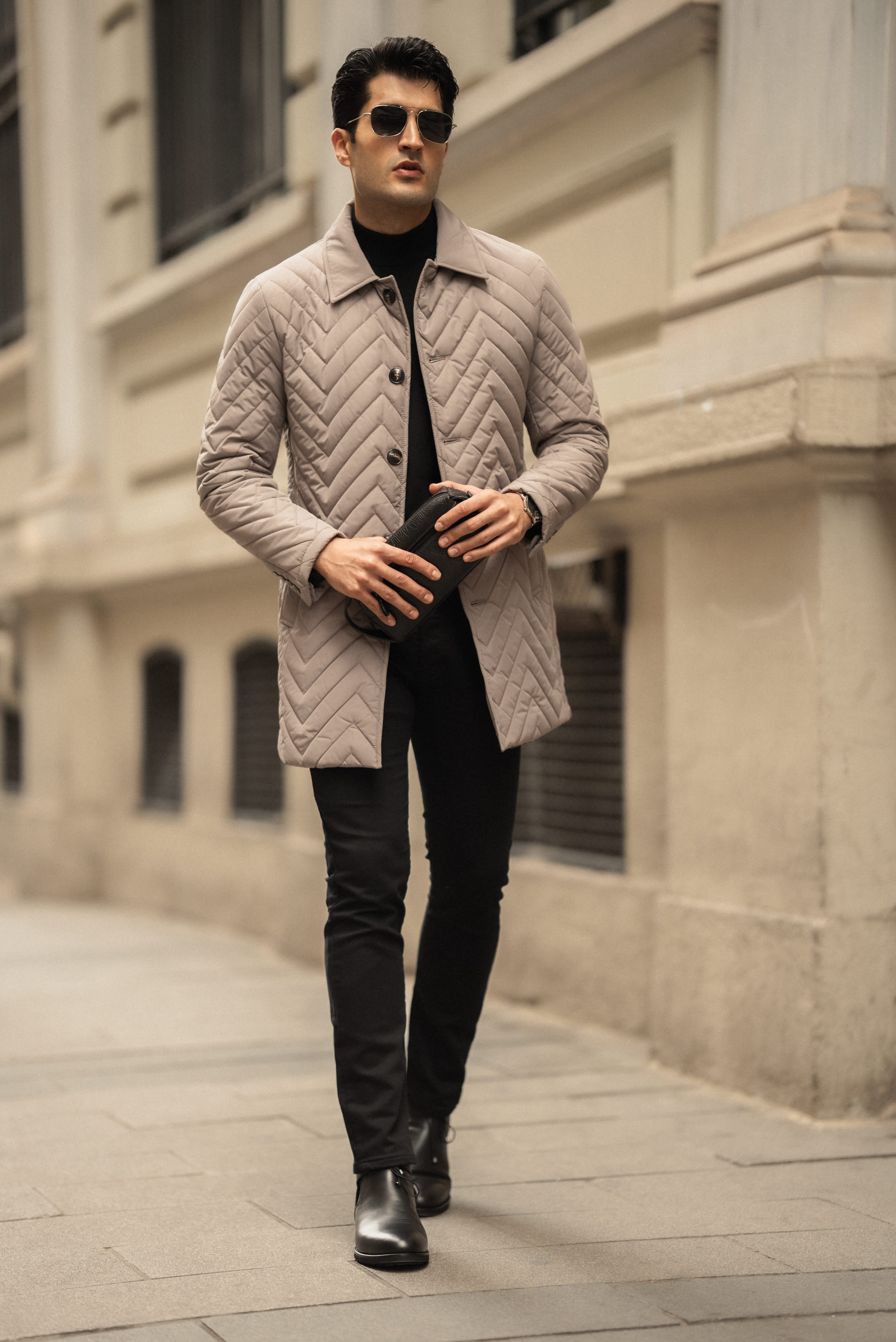 Desenli Slim Fit Gömlek Yaka Trench Kaban
