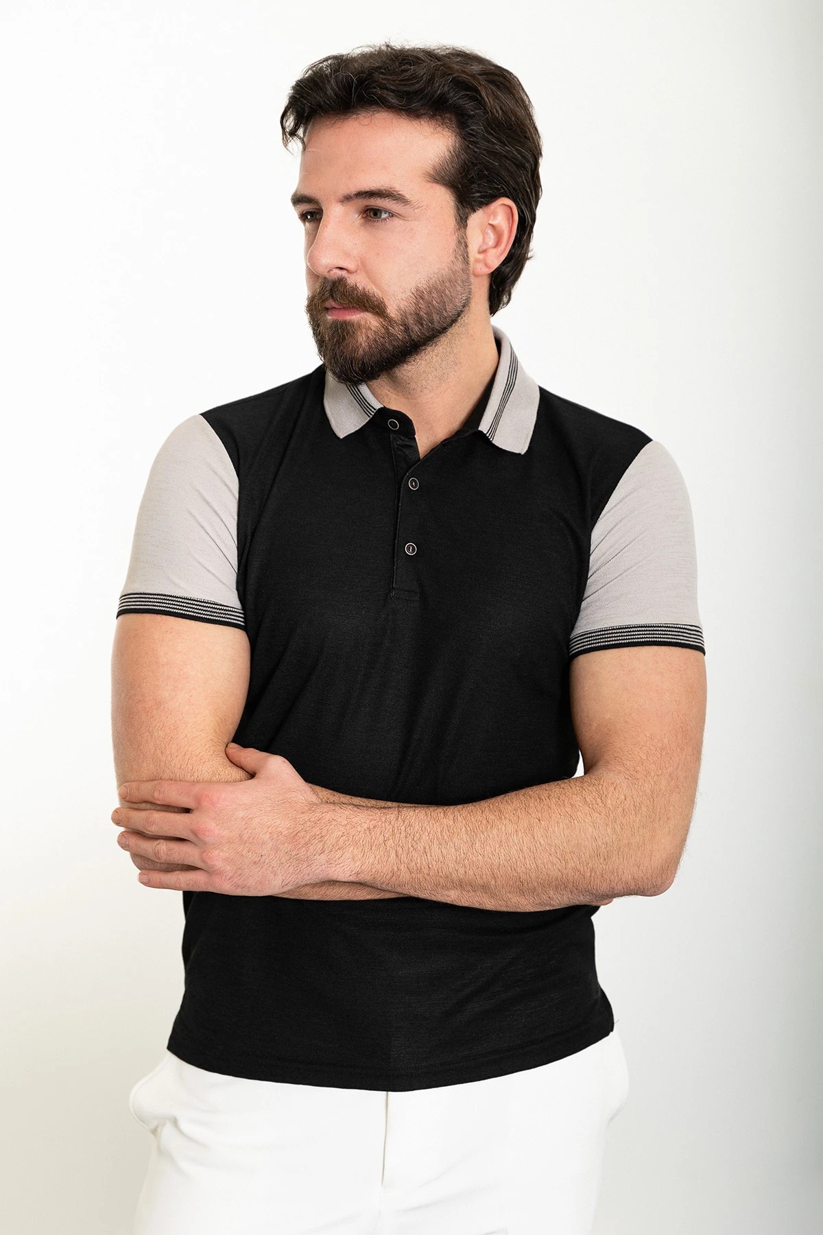 Parçalı Slim Fit Polo Yaka Erkek T-Shirt - Siyah