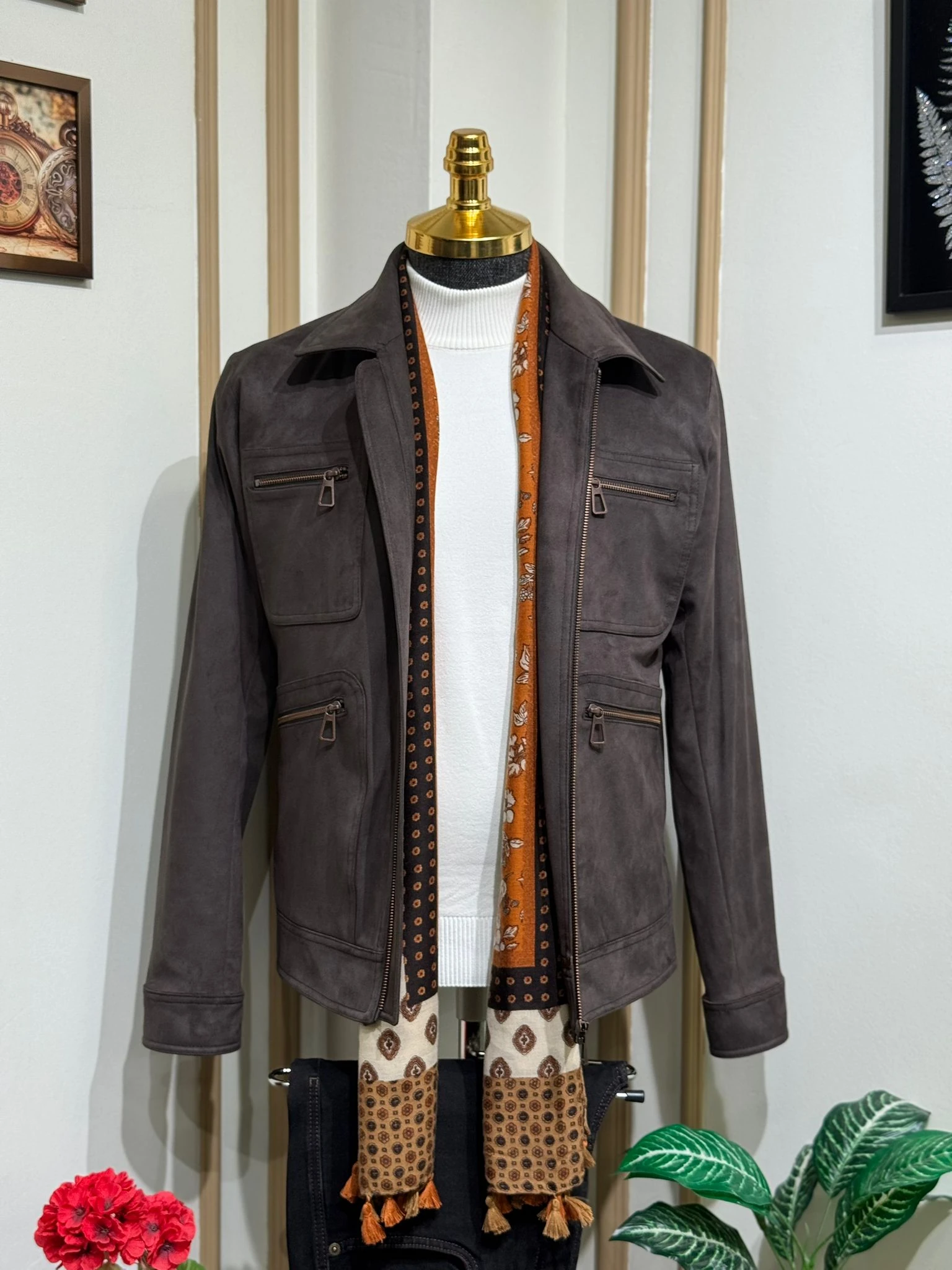 Slim Fit Gömlek Yaka %100 Nubuk Mont   - Koyu Kahverengi