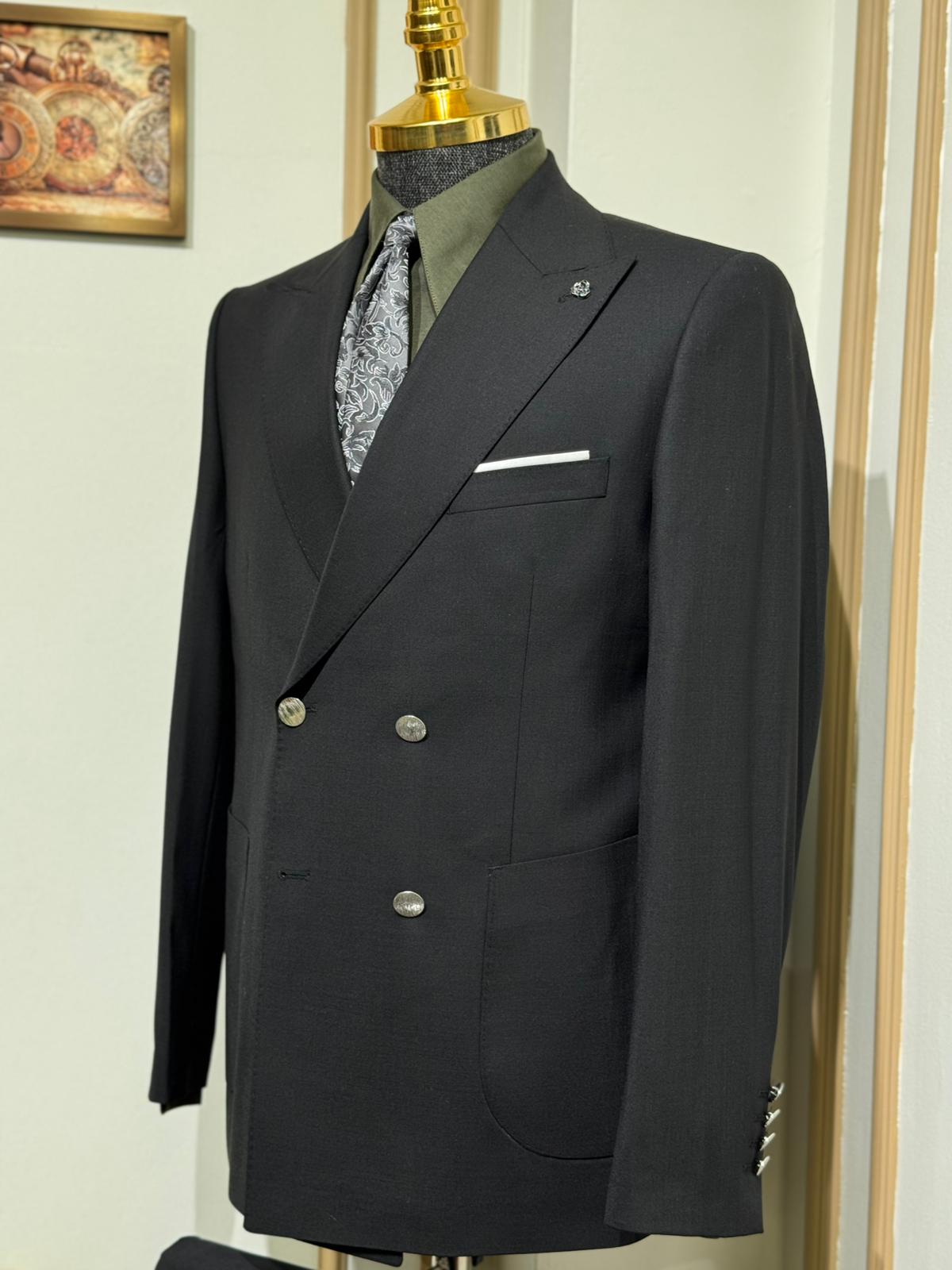 Slim Fit Sivri Yaka Yün Kruvaze Takım Elbise 