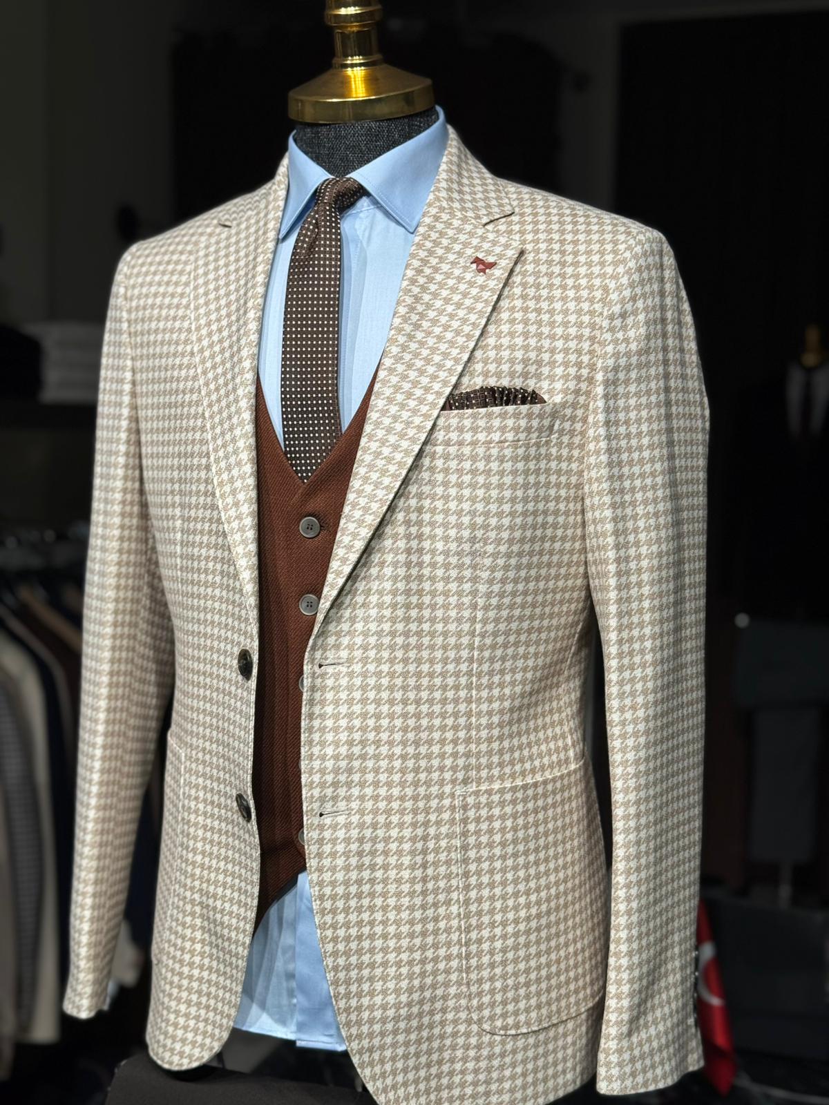 Kaz Ayağı Desen Slim Fit Mono Yaka Ceket