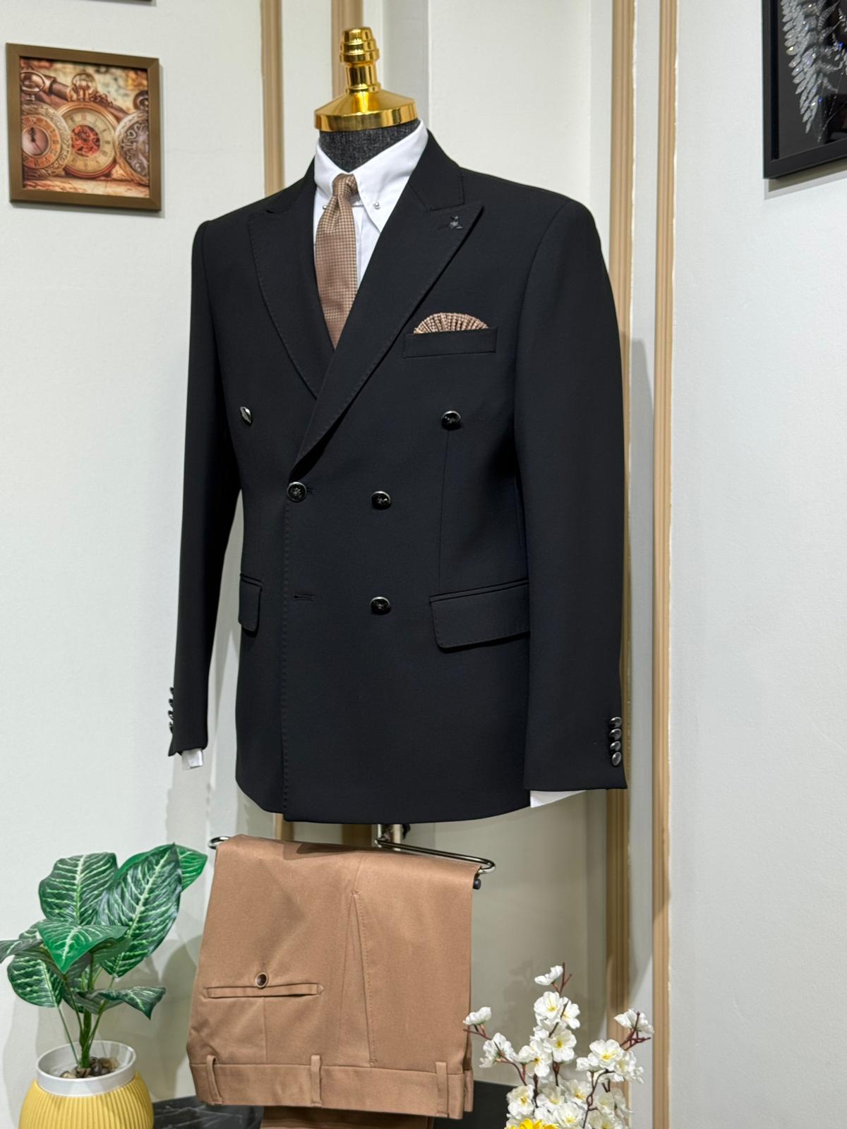 Slim Fit Geniş Yaka Kruvaze Yün Ceket