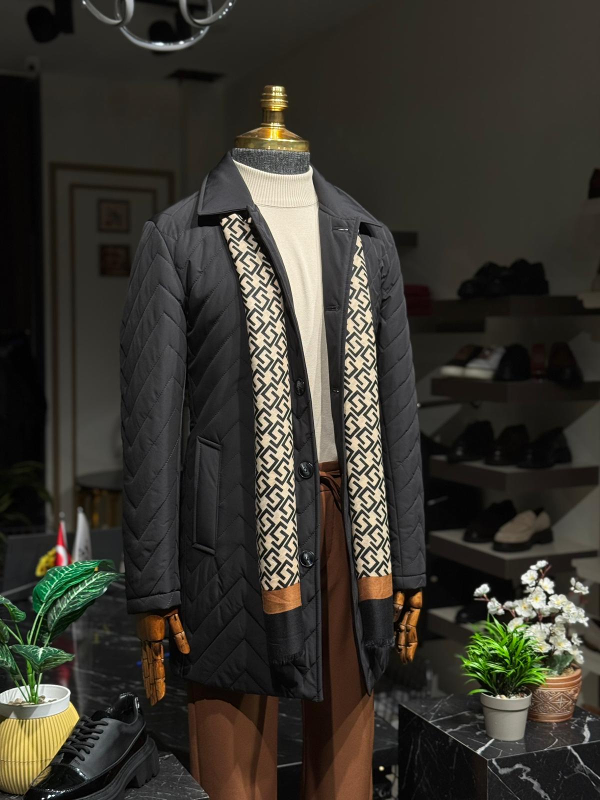 Desenli Slim Fit Gömlek Yaka Trench Kaban - Siyah