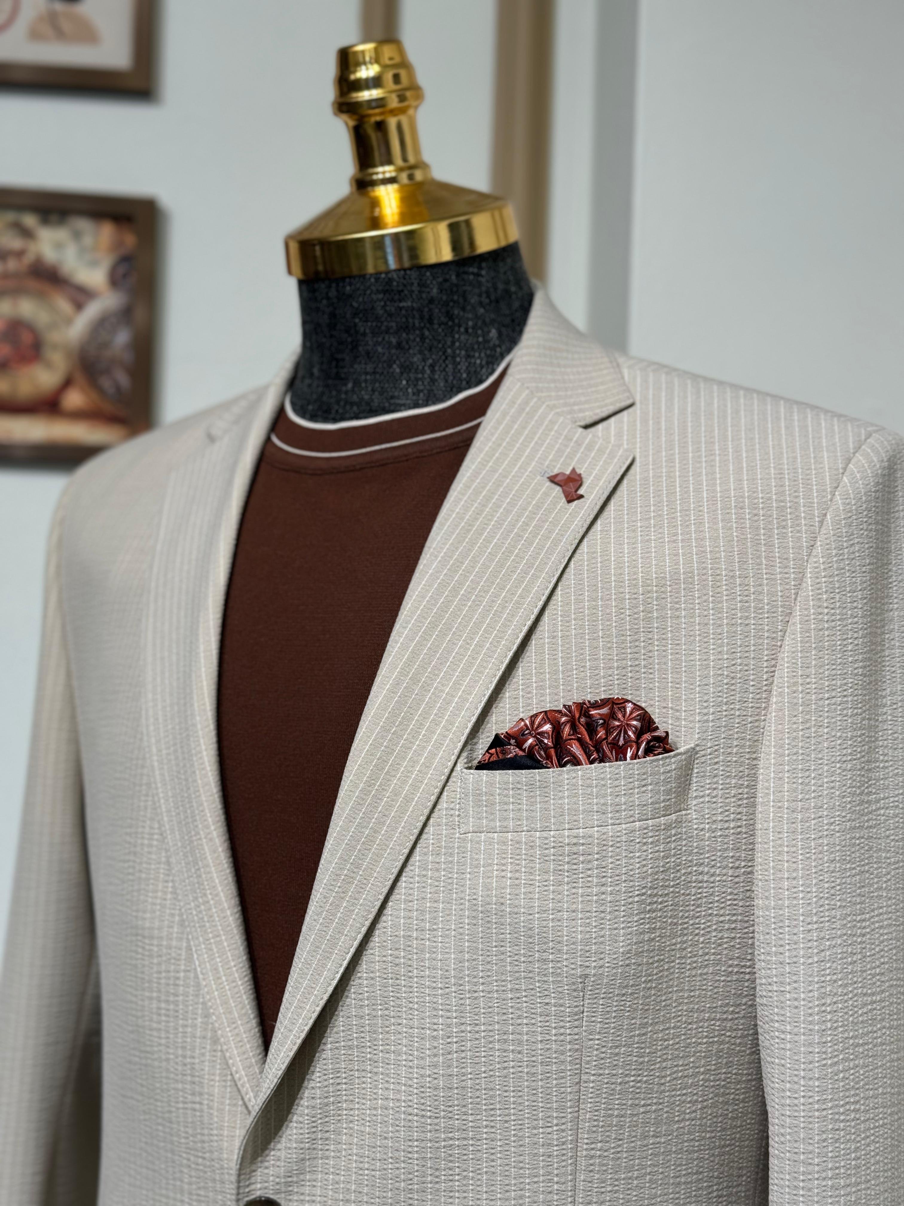 Çizgili Slim Fit Gofre Kumaş Takım Elbiise 