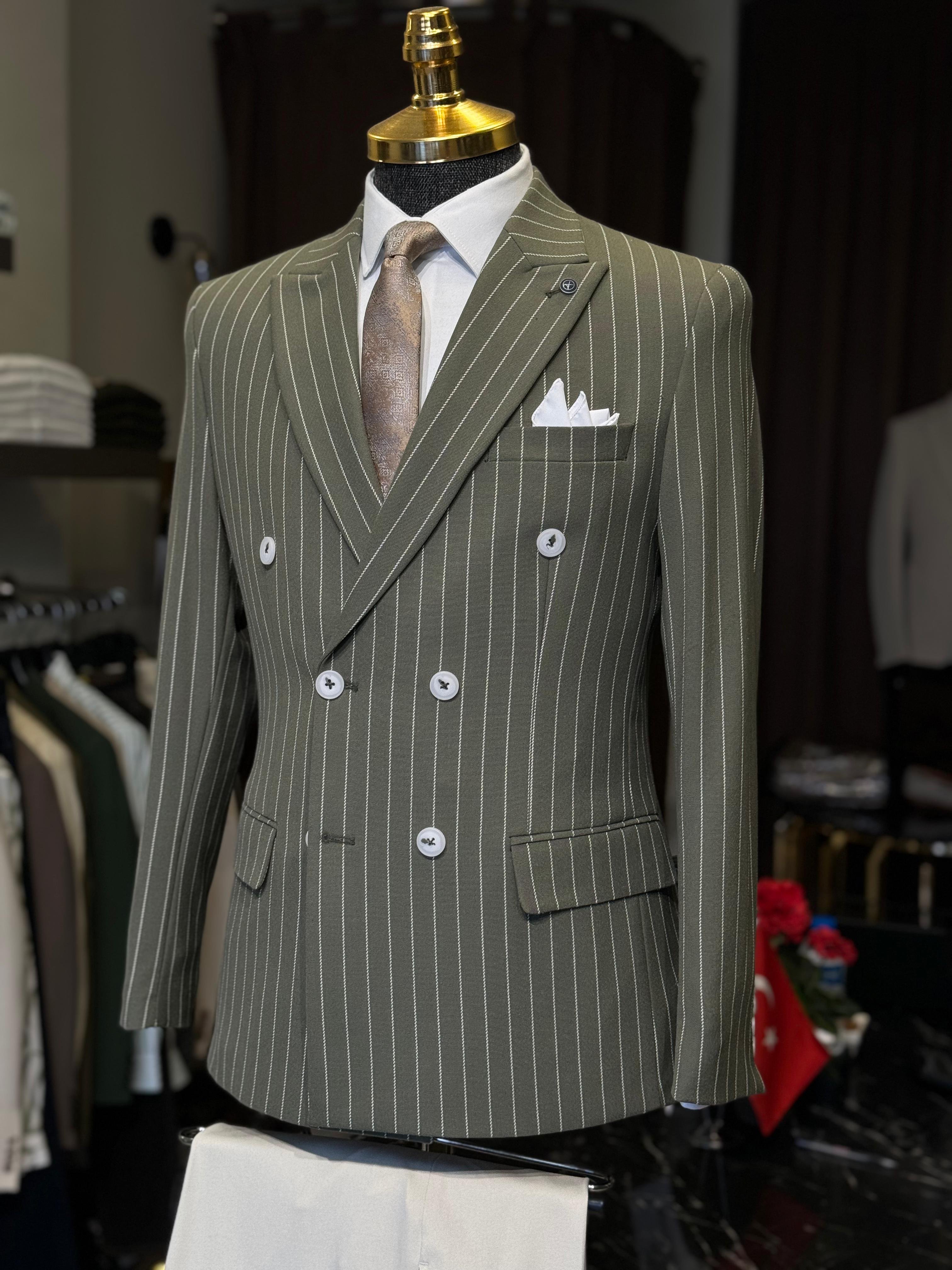 Slim Fit Çizgili İtalyan Kesim Kruvaze Takım Elbise  - Haki