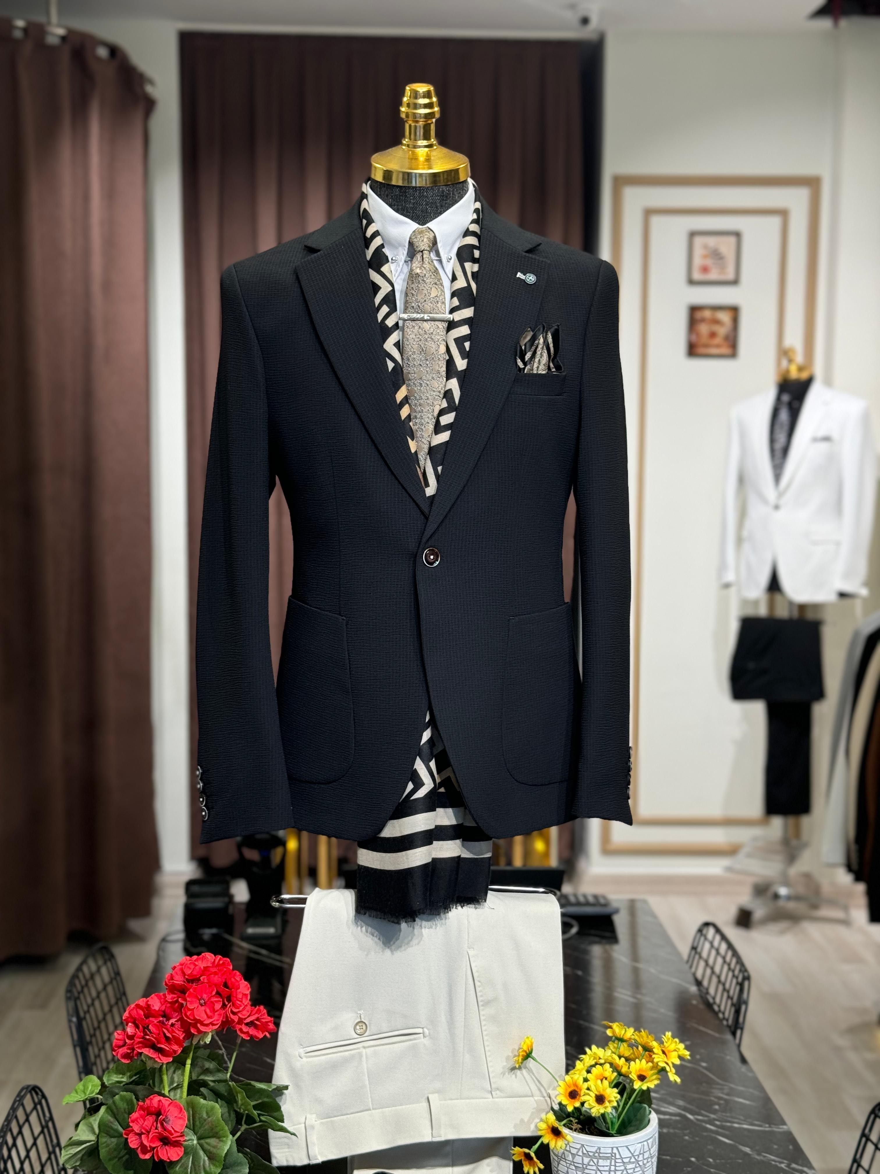 Slim Fit Gofre Kumaş Likralı Takım Elbise 