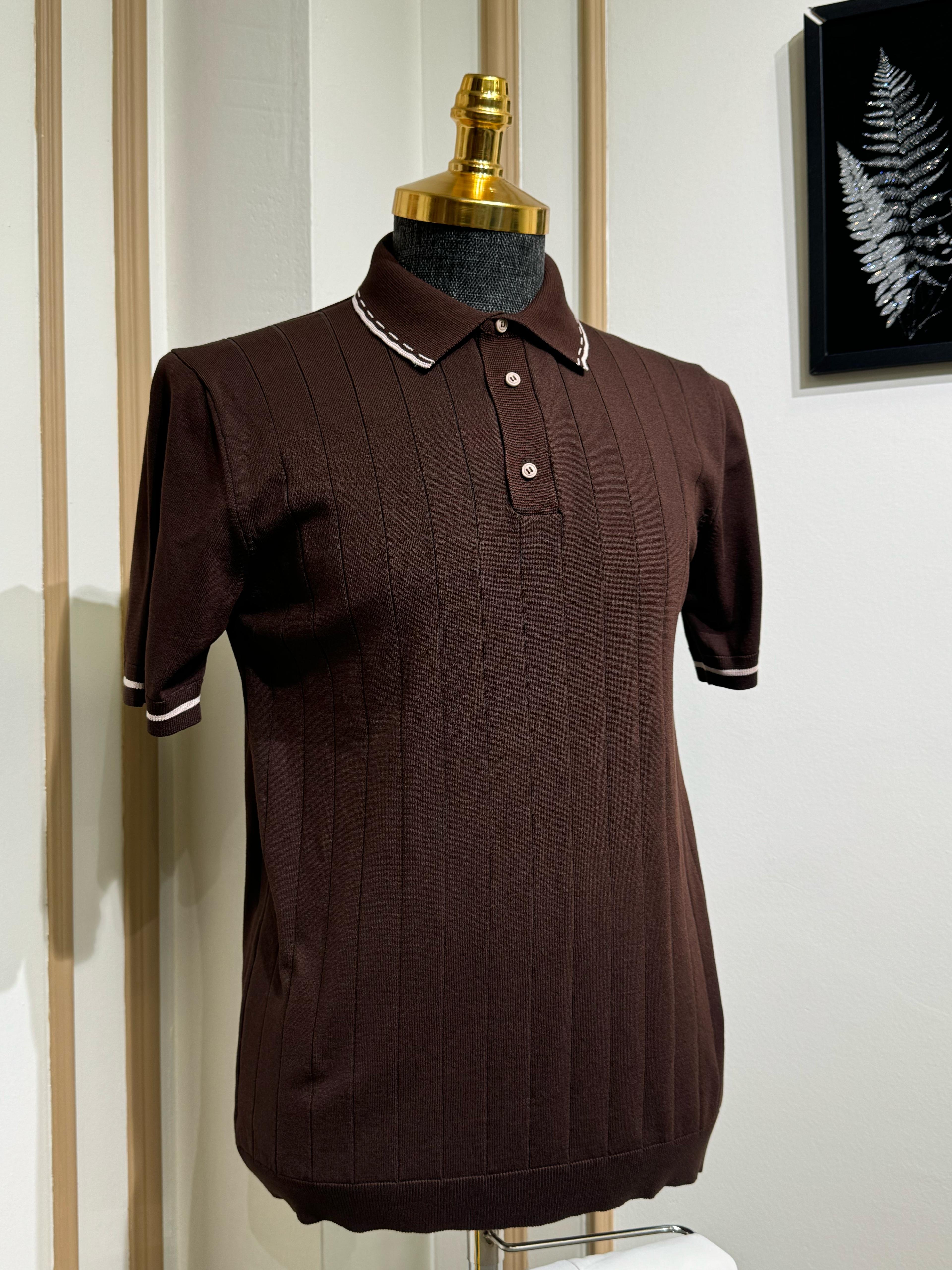 Çizgili Slim Fit Polo Yaka Triko T-Shirt - Kahverengi