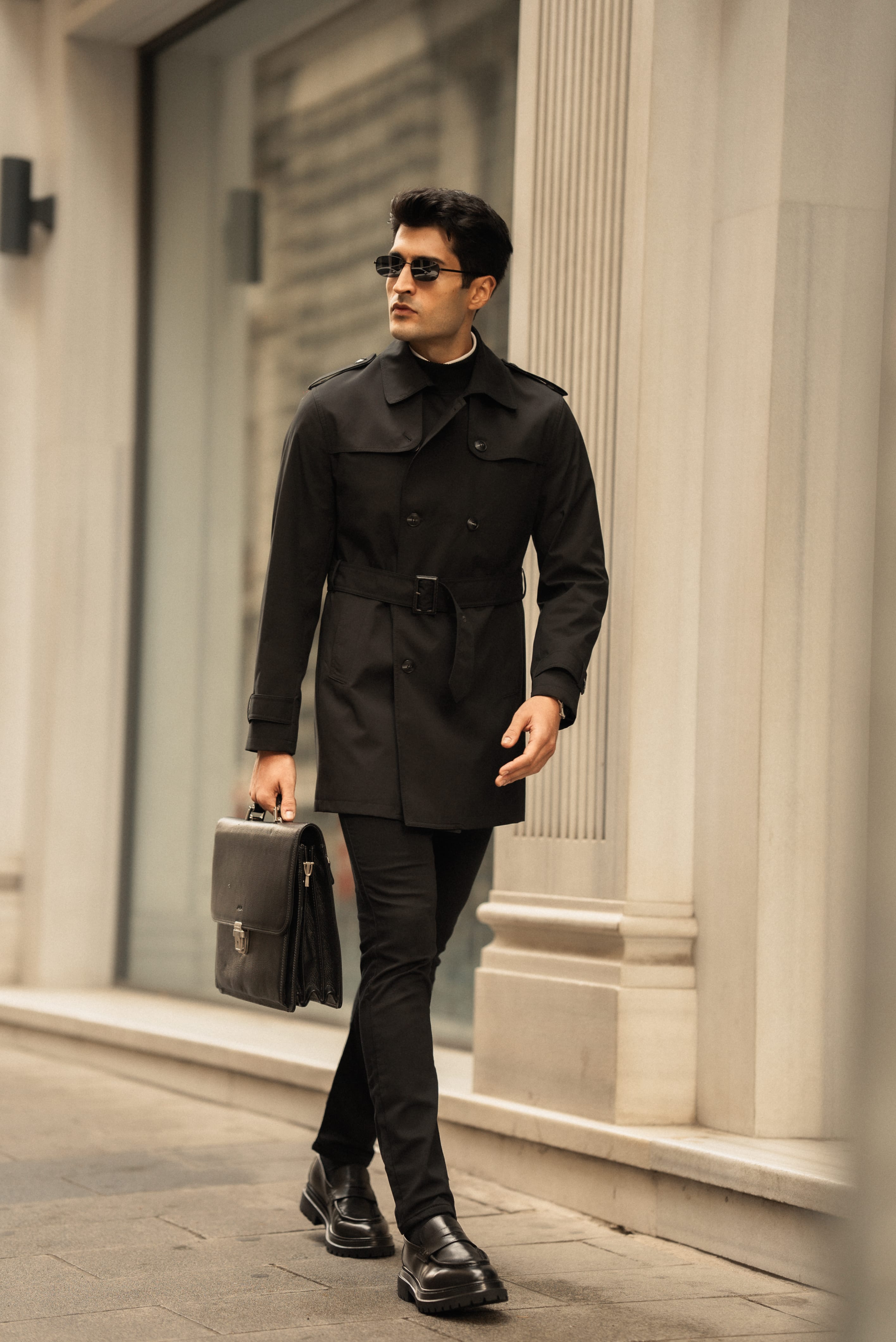 Düz Slim Fit Kemerli Trenchcoat