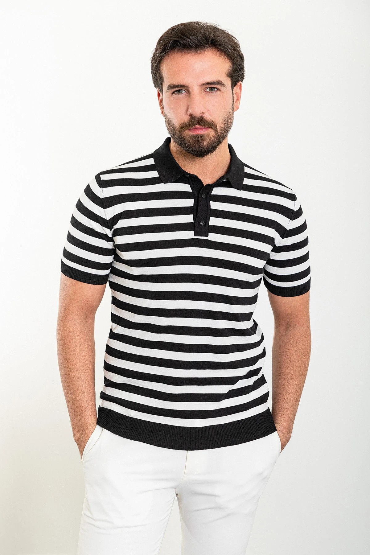 Yatay Çizgili Desen Slim Fit Polo Yaka Triko T-Shirt - Siyah