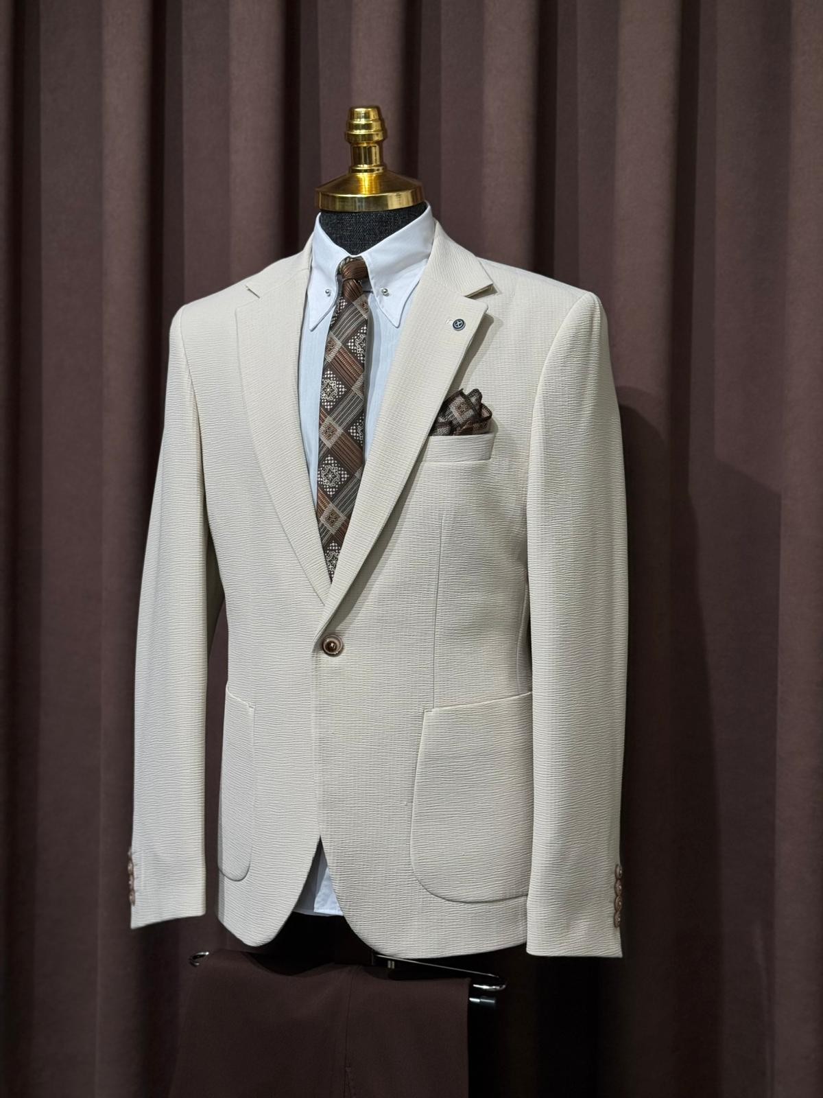 Slim Fit Gofre Kumaş Likralı Takım Elbise  - Bej