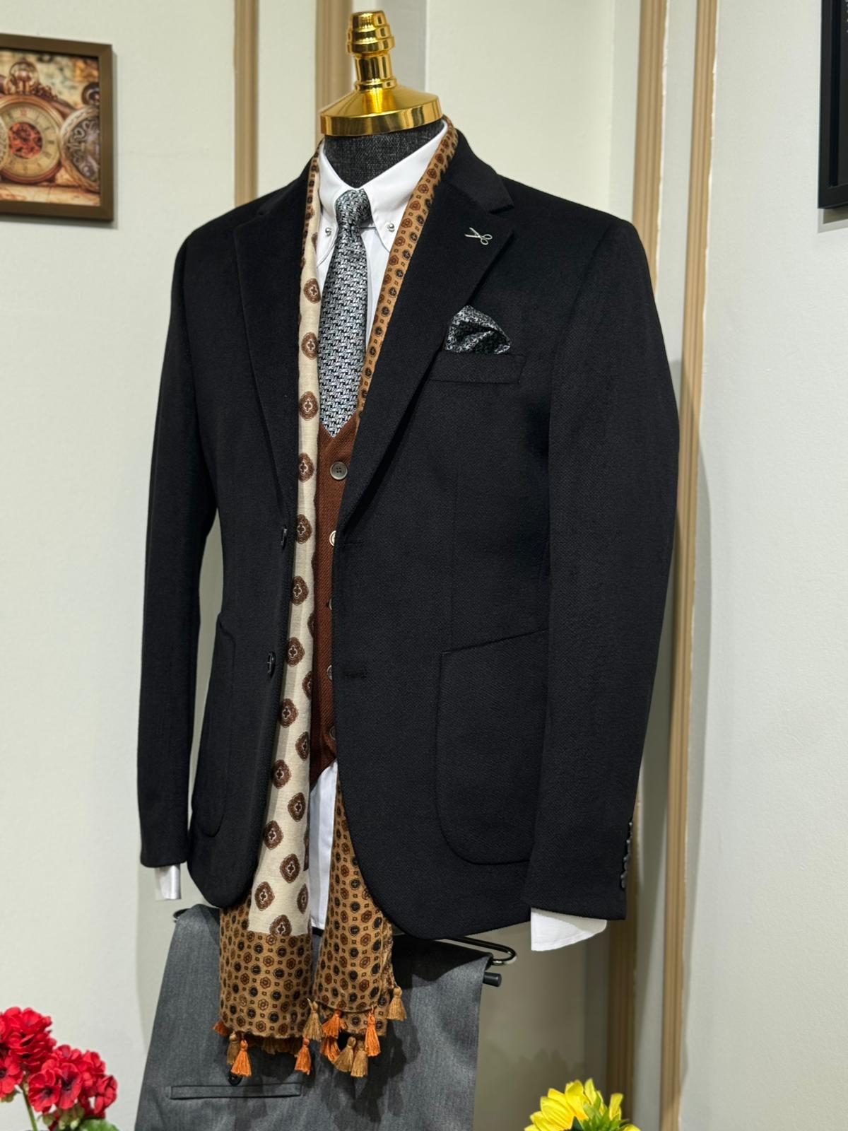 Slim Fit Mono Yaka Kadife Takım Elbise  - Siyah