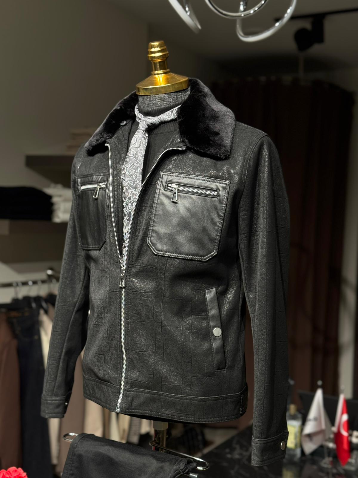 Slim Fit Desenli Fermuar Cep Detaylı Kürk Yaka Deri Mont