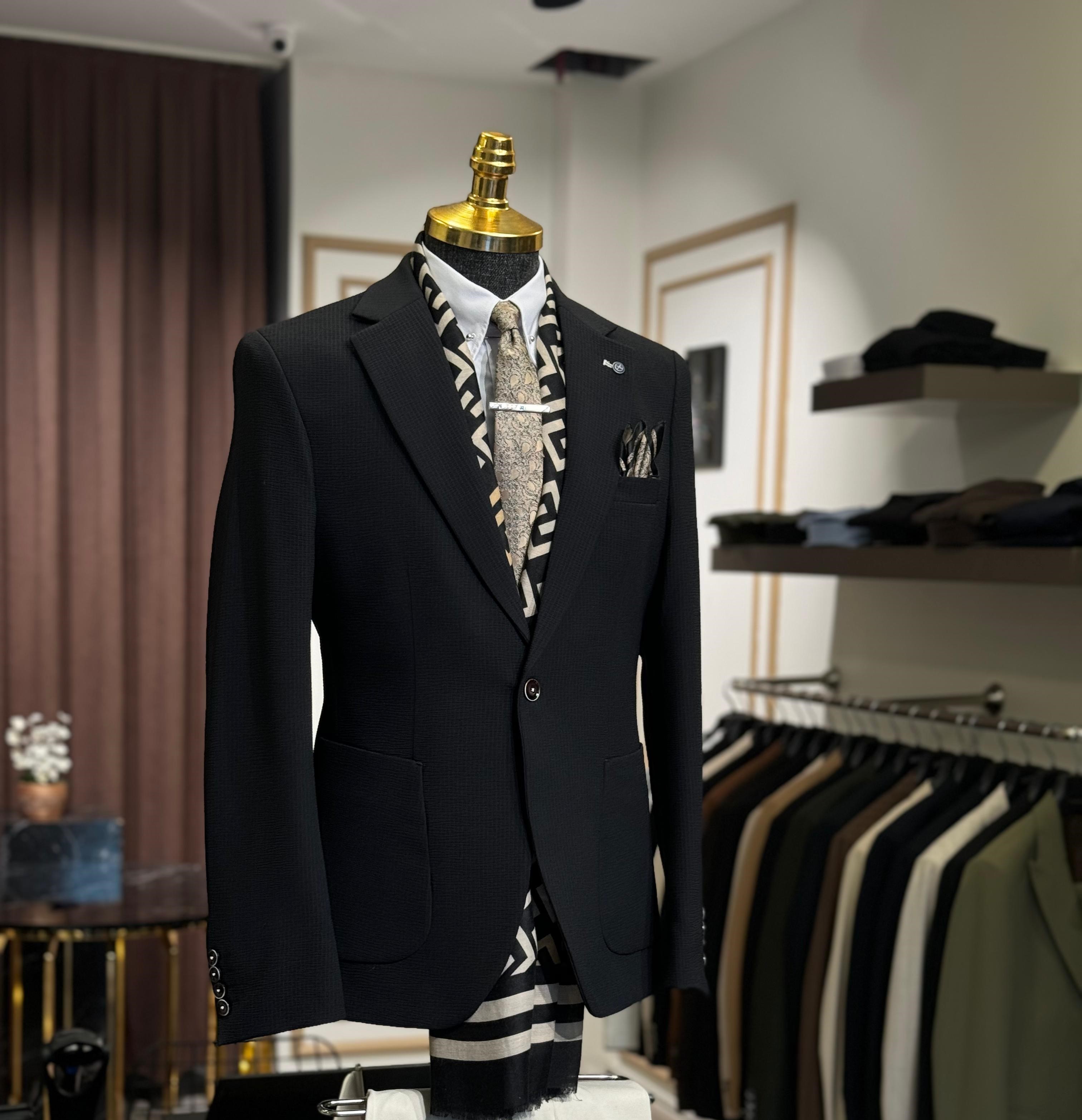 Slim Fit Kesim Gofre Kumaş Likralı Yazlık Ceket  - siyah