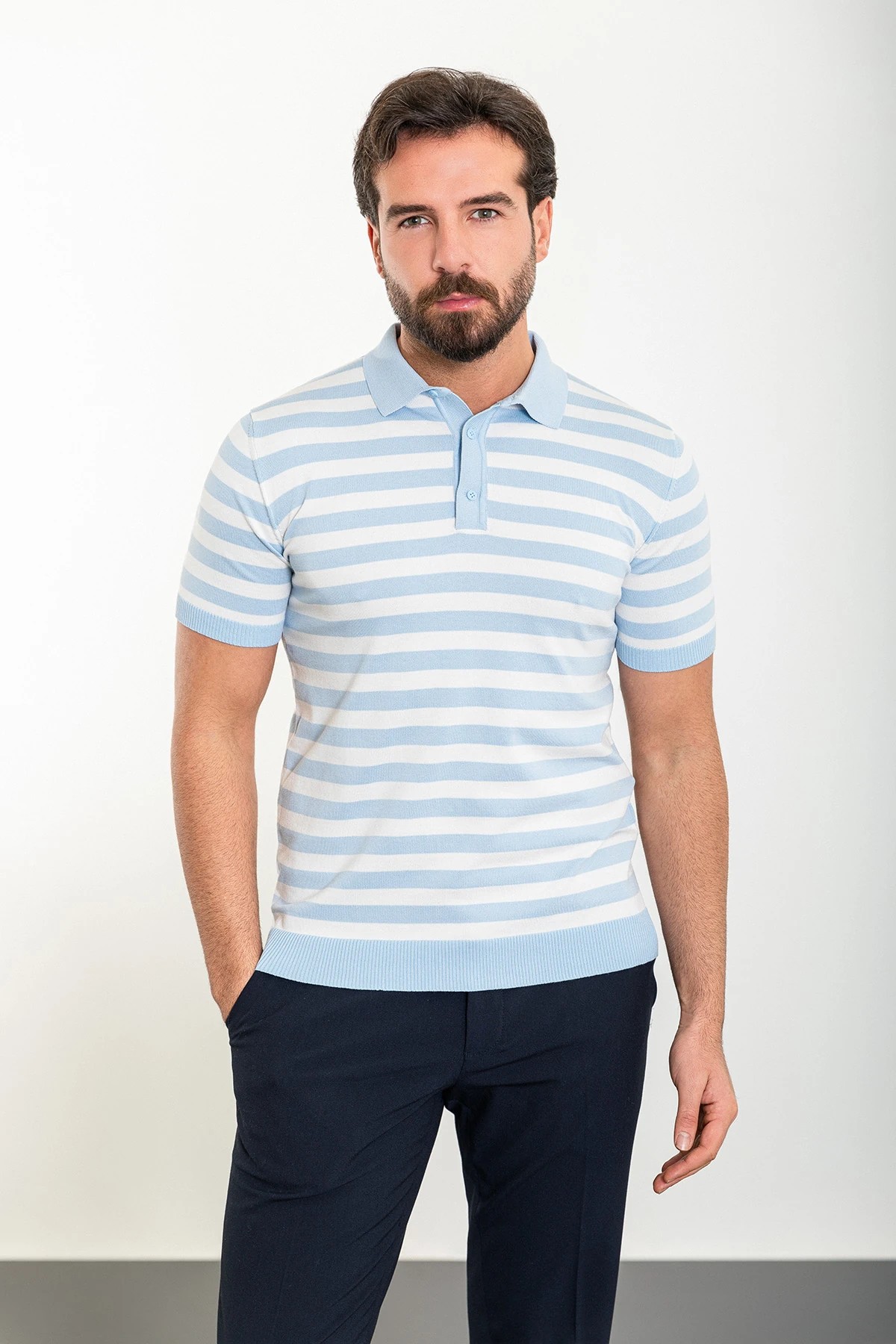 Yatay Çizgili Desen Slim Fit Polo Yaka Triko T-Shirt - Mavi