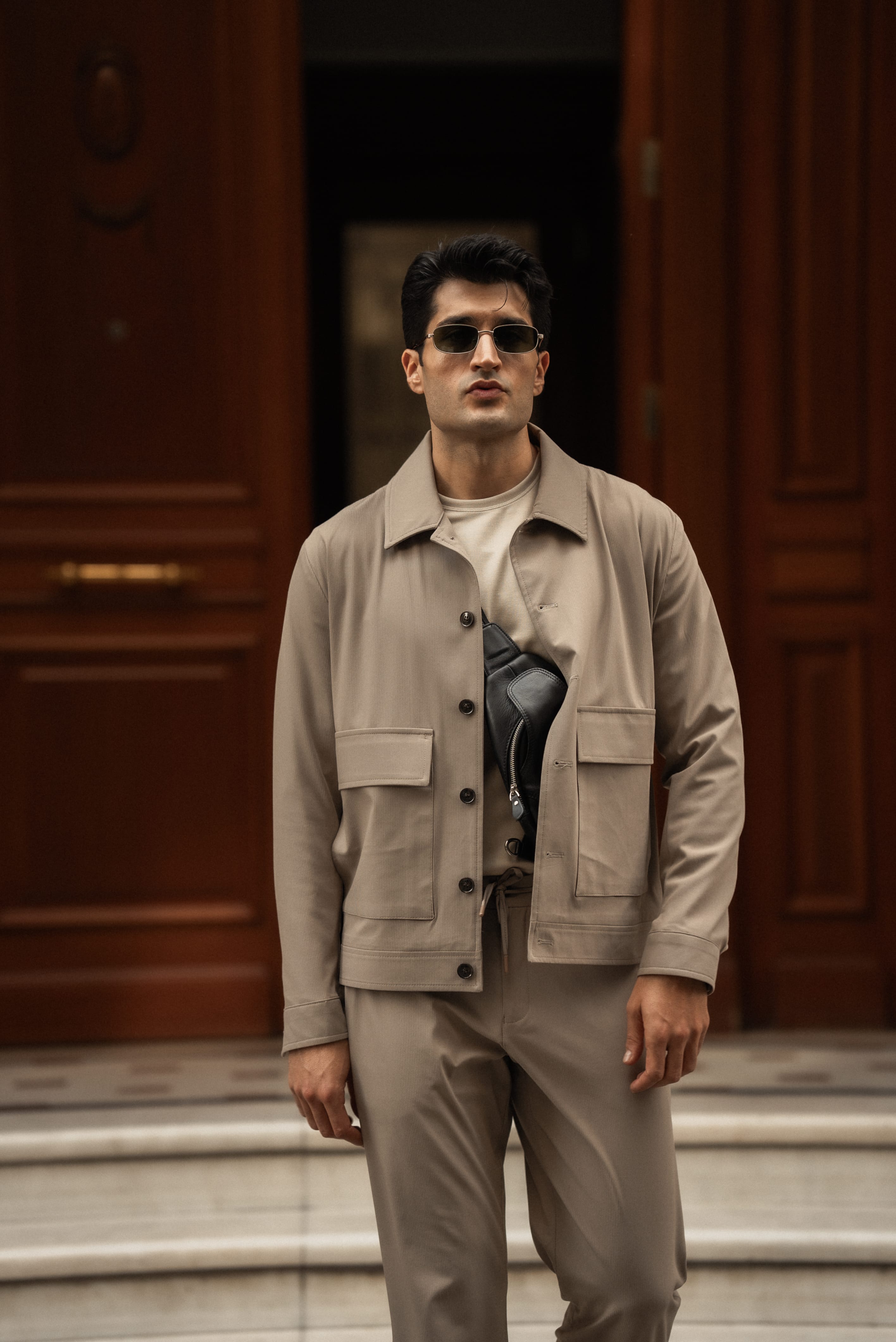 Çizgili Slim Fit Erkek Mont Pantolon Spor Takım Elbise  - Koyu Bej