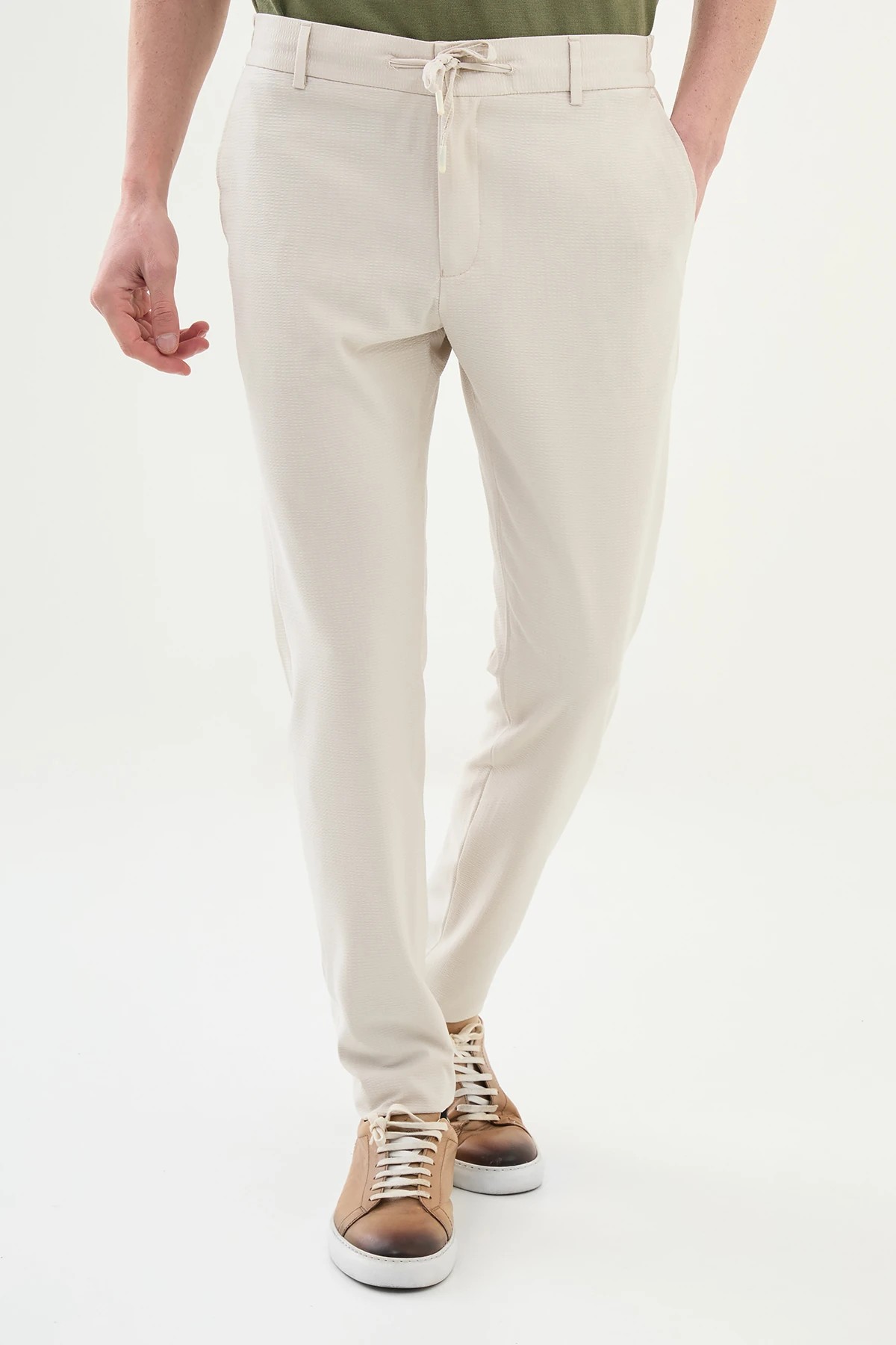Gofreli Slim Fit Beli Lastikli İpli  Pantolon  - Bej