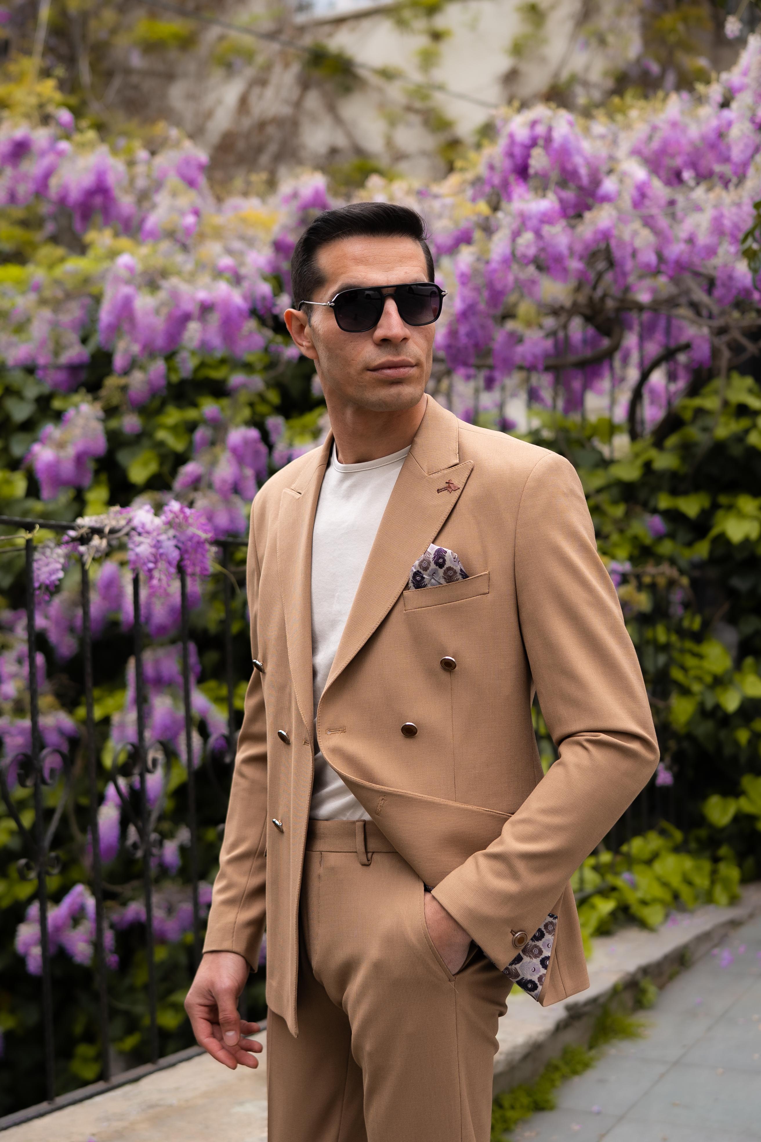Camel Sivri Yaka Slim Fit  Kruvaze Takım Elbise 