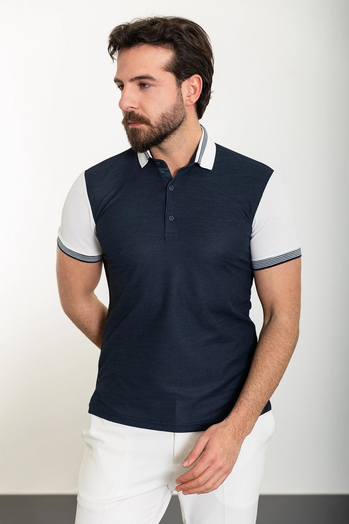 Parçalı Slim Fit Polo Yaka Erkek T-Shirt - Lacivert