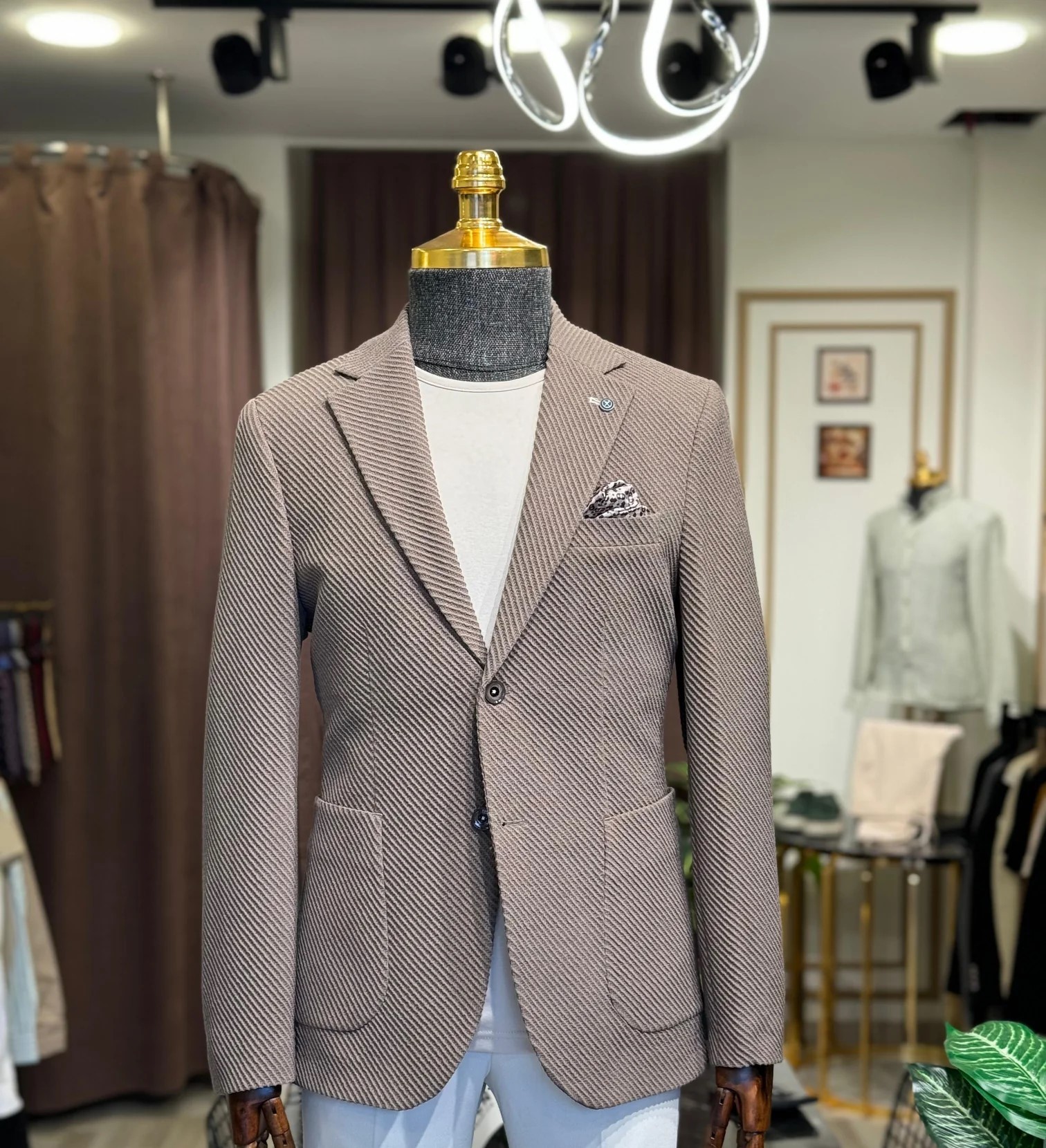 Slim Fit Kendinden Desenli Mono Yaka Ceket 