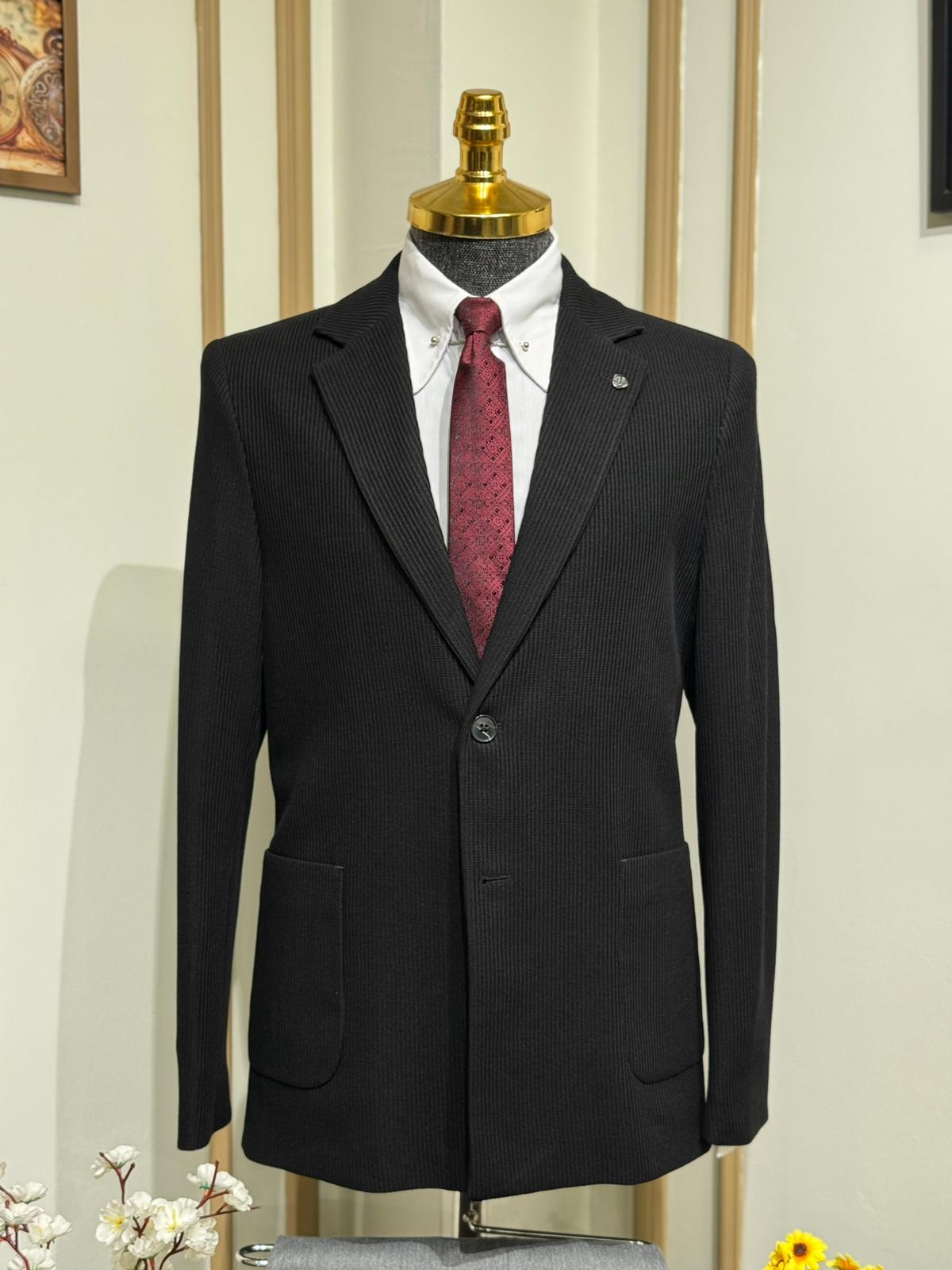 Slim Fit Desenli Torba Cep Detaylı Penye Kumaş Ceket  - Siyah