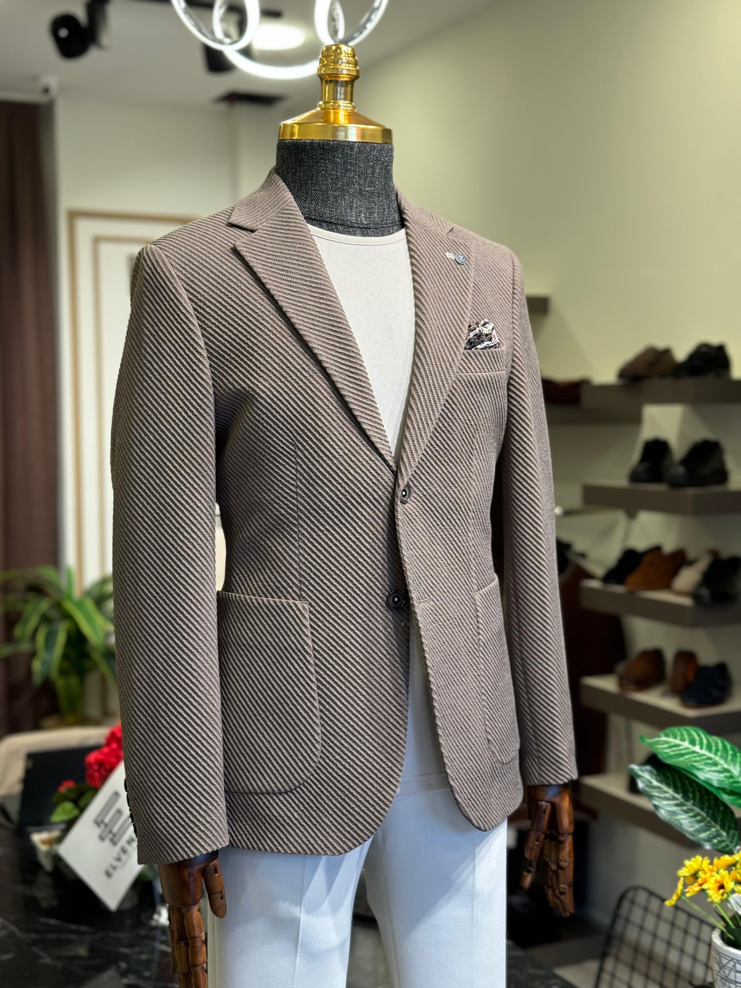 Slim Fit Kendinden Desenli Mono Yaka Takım Elbise