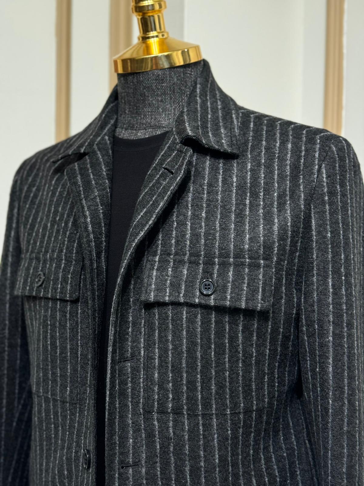 Slim Fit Gömlek Yaka Cep Detaylı Desenli Yün Mont - Siyah-Ekru