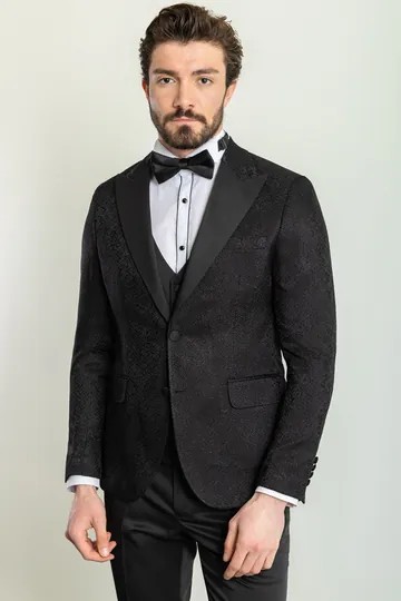 Desenli Slim Fit Geniş Yaka Saten Erkek Damatlık - Siyah