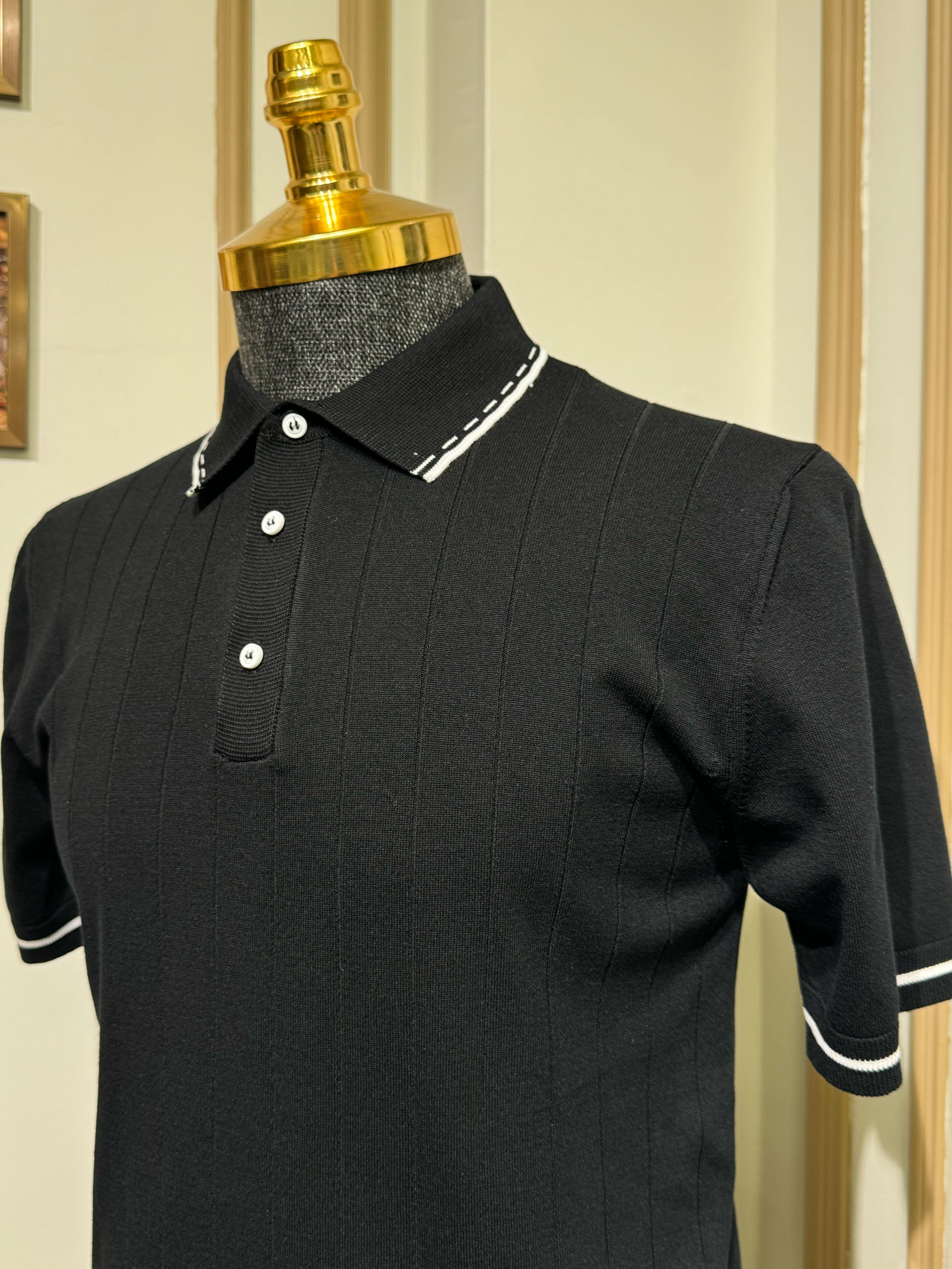 Çizgili Slim Fit Polo Yaka Triko T-Shirt - siyah