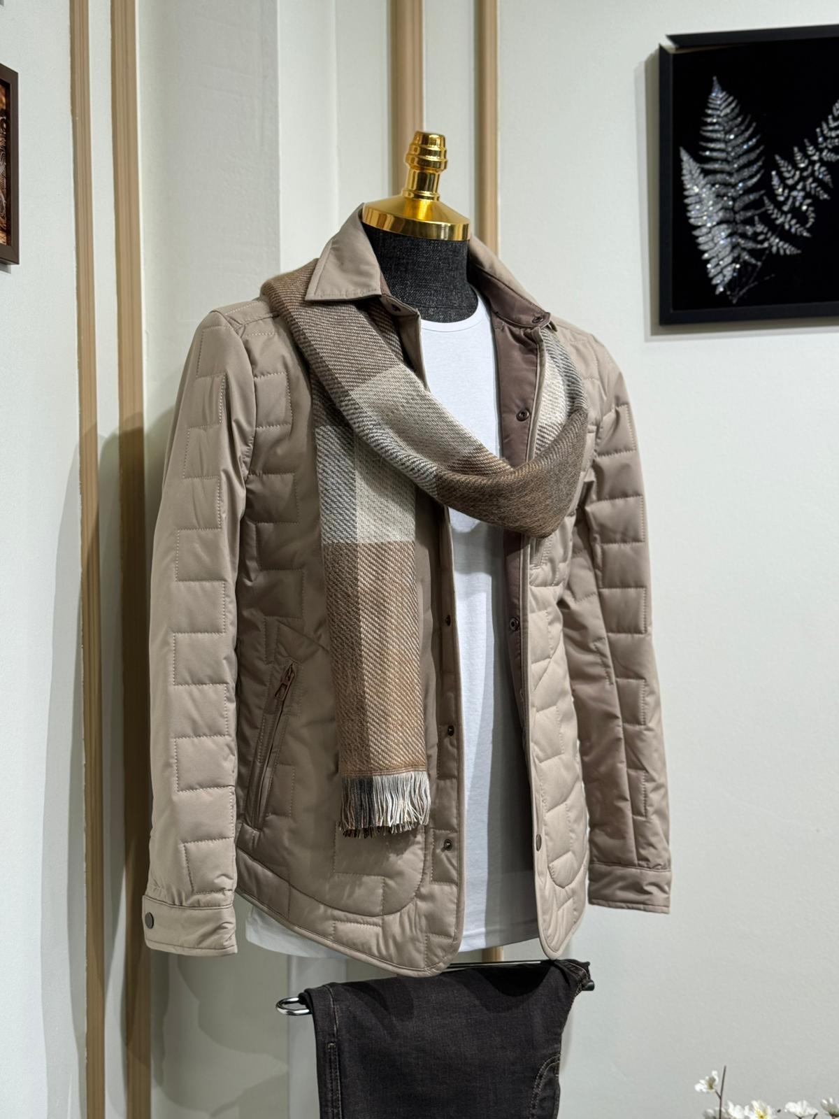 Slim Fit Desenli Gömlek Yaka Mont - Bej