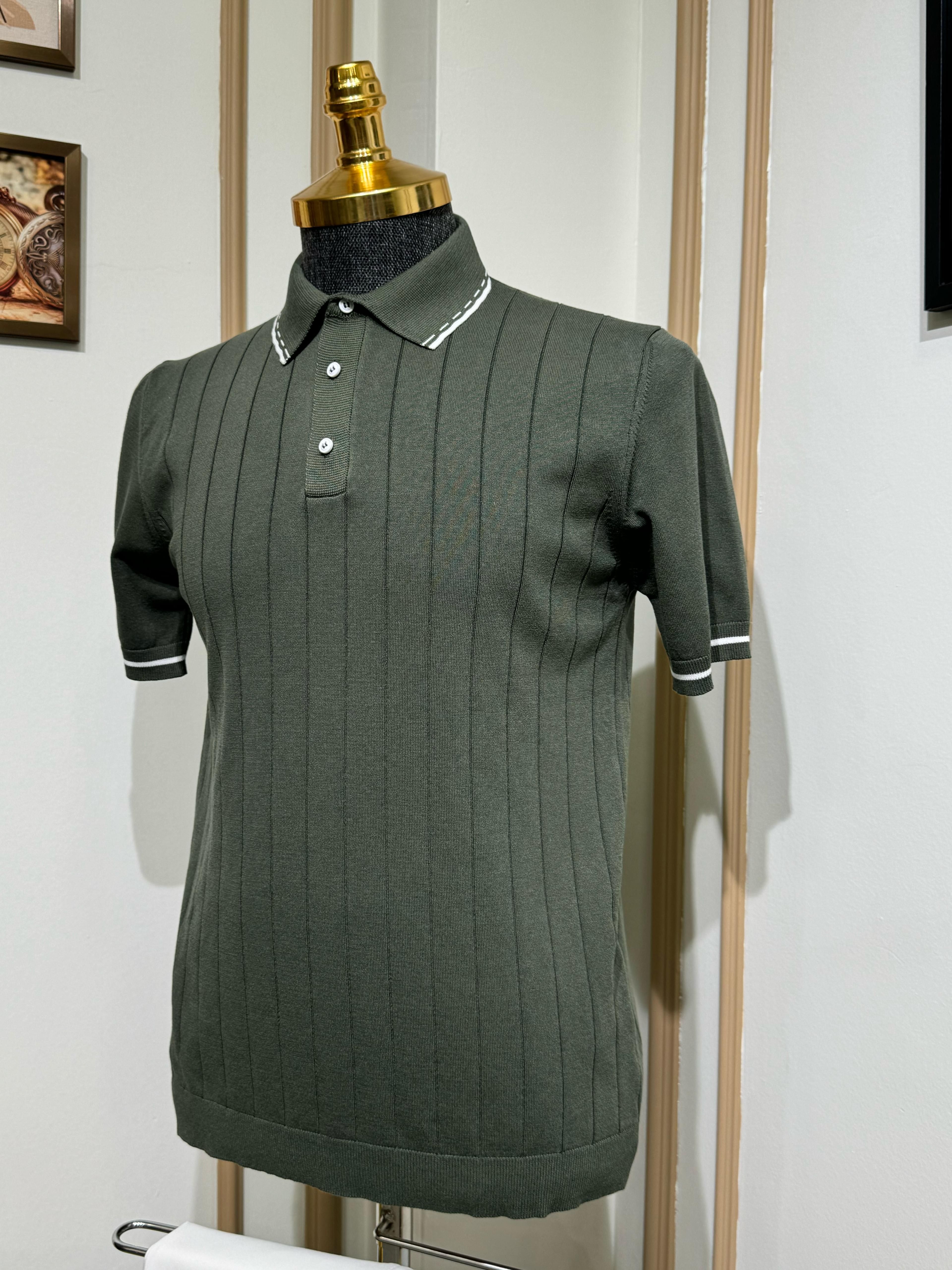 Çizgili Slim Fit Polo Yaka Triko T-Shirt - Haki
