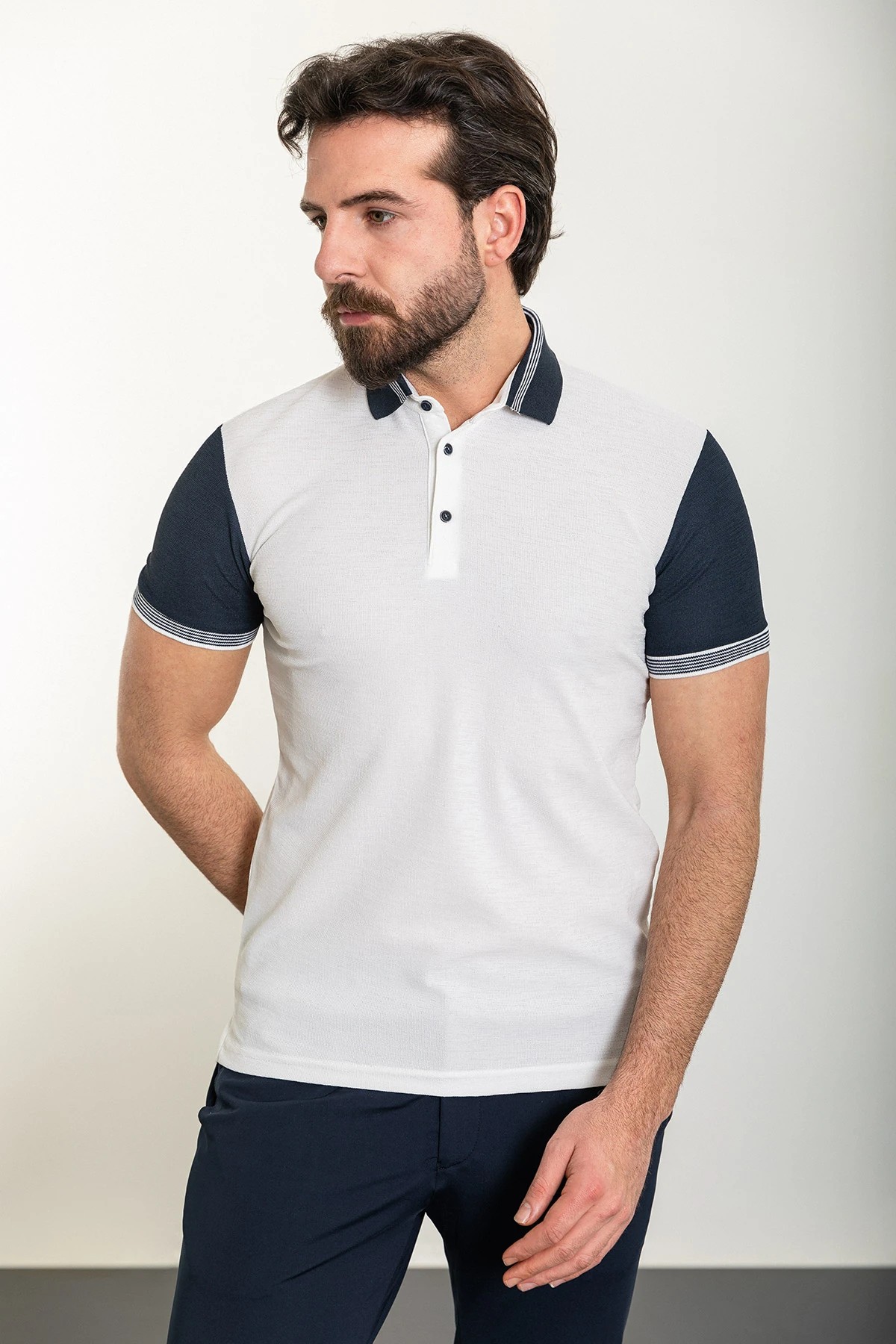 Parçalı Slim Fit Polo Yaka Erkek T-Shirt - Beyaz