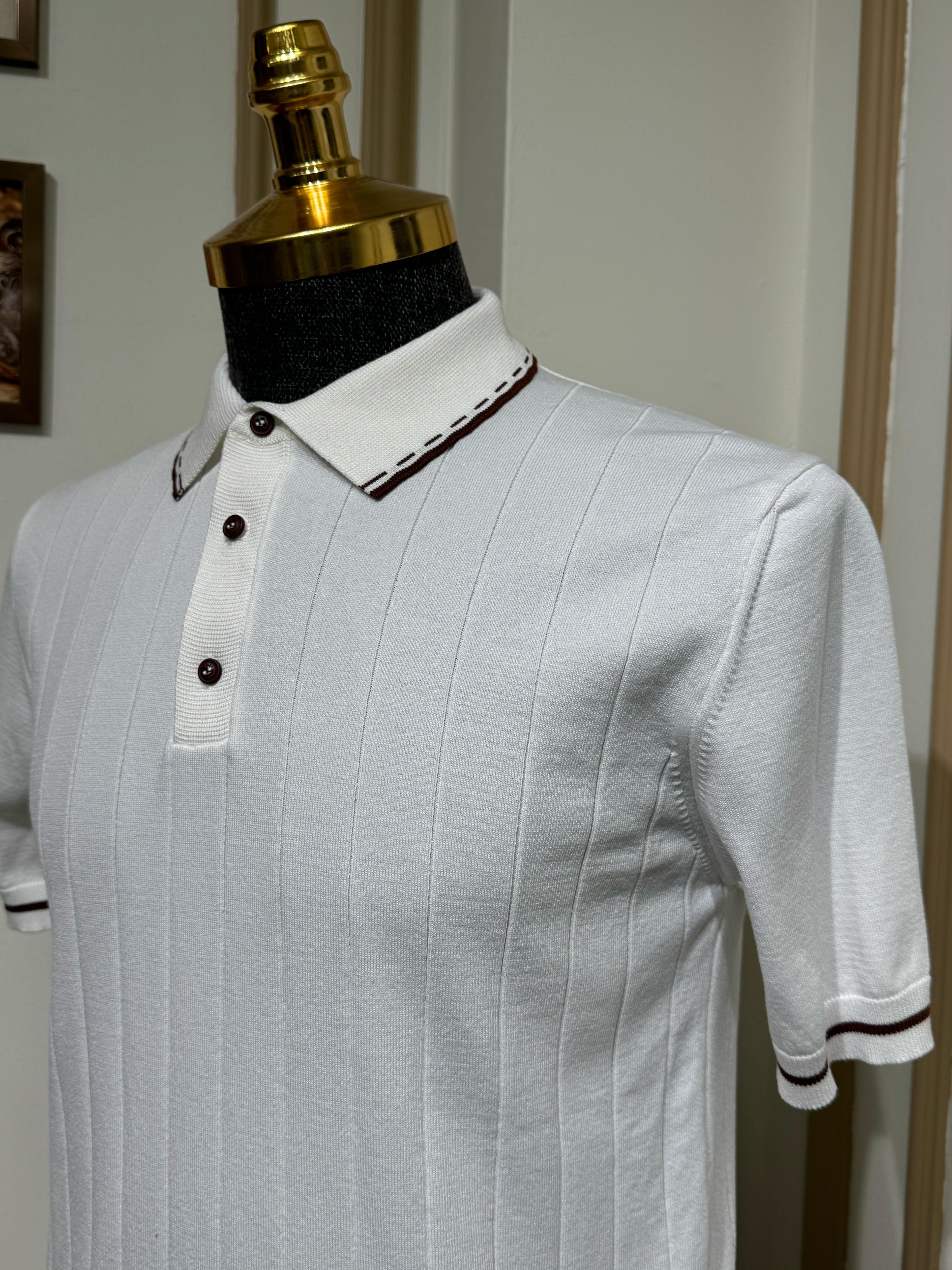 Çizgili Slim Fit Polo Yaka Triko T-Shirt - Beyaz