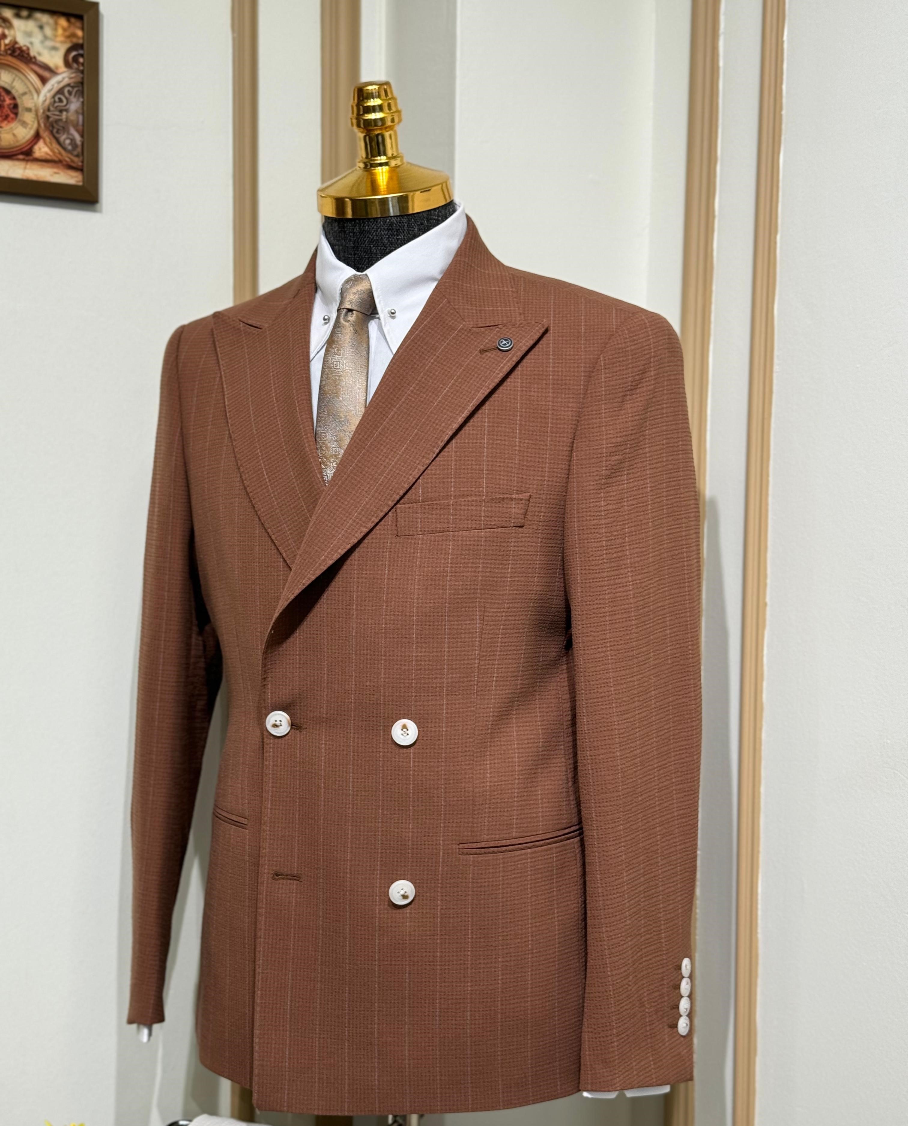 Slim Fit İtalyan Kesim Çizgili Kruvaze Ceket