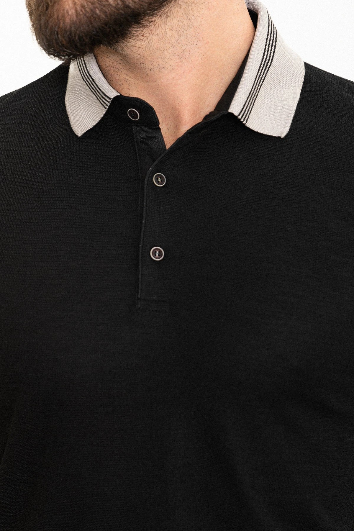 Parçalı Slim Fit Polo Yaka Erkek T-Shirt - Siyah