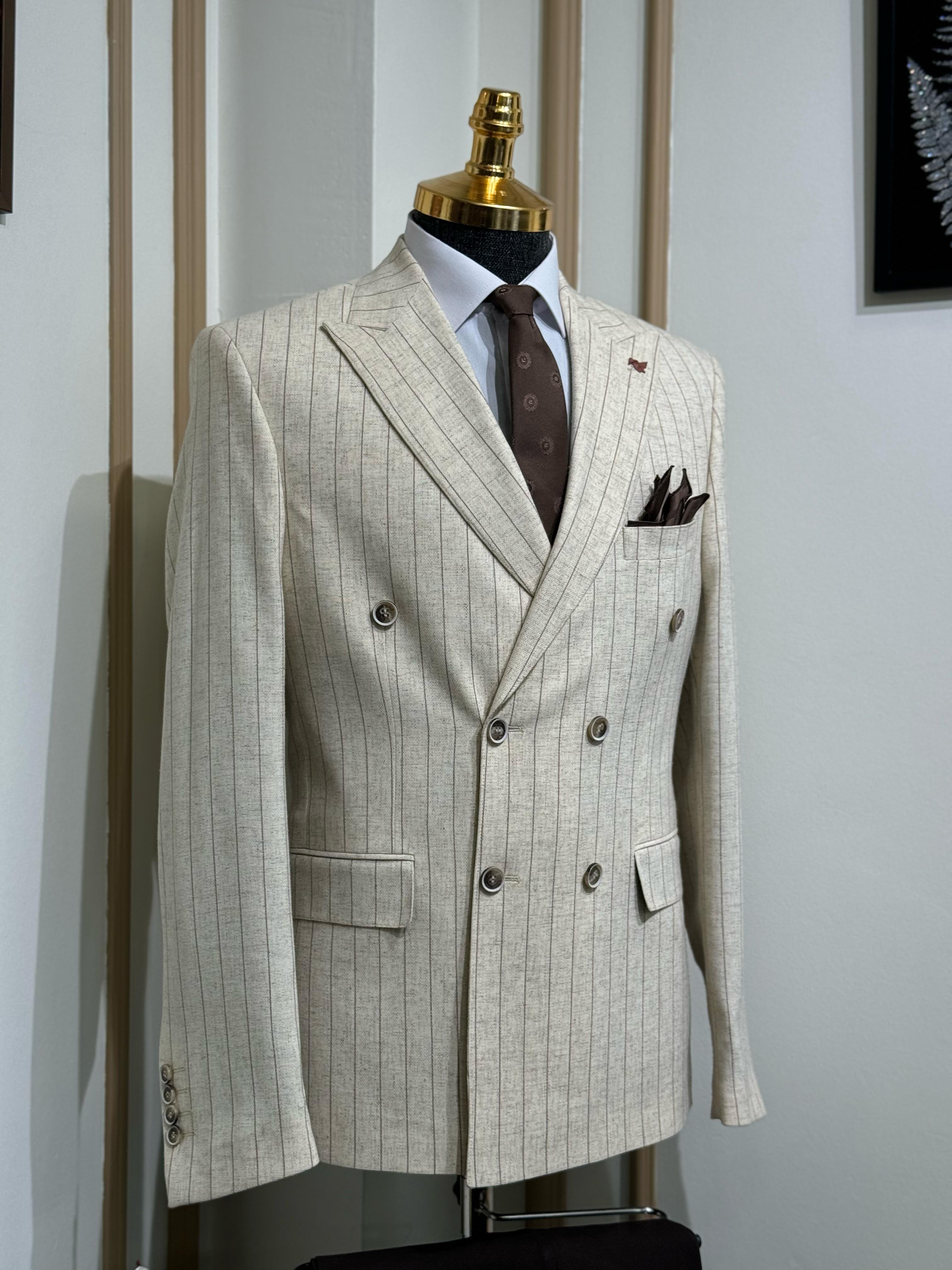 Çizgili Slim Fit Geniş Yaka Kruvaze Keten Ceket