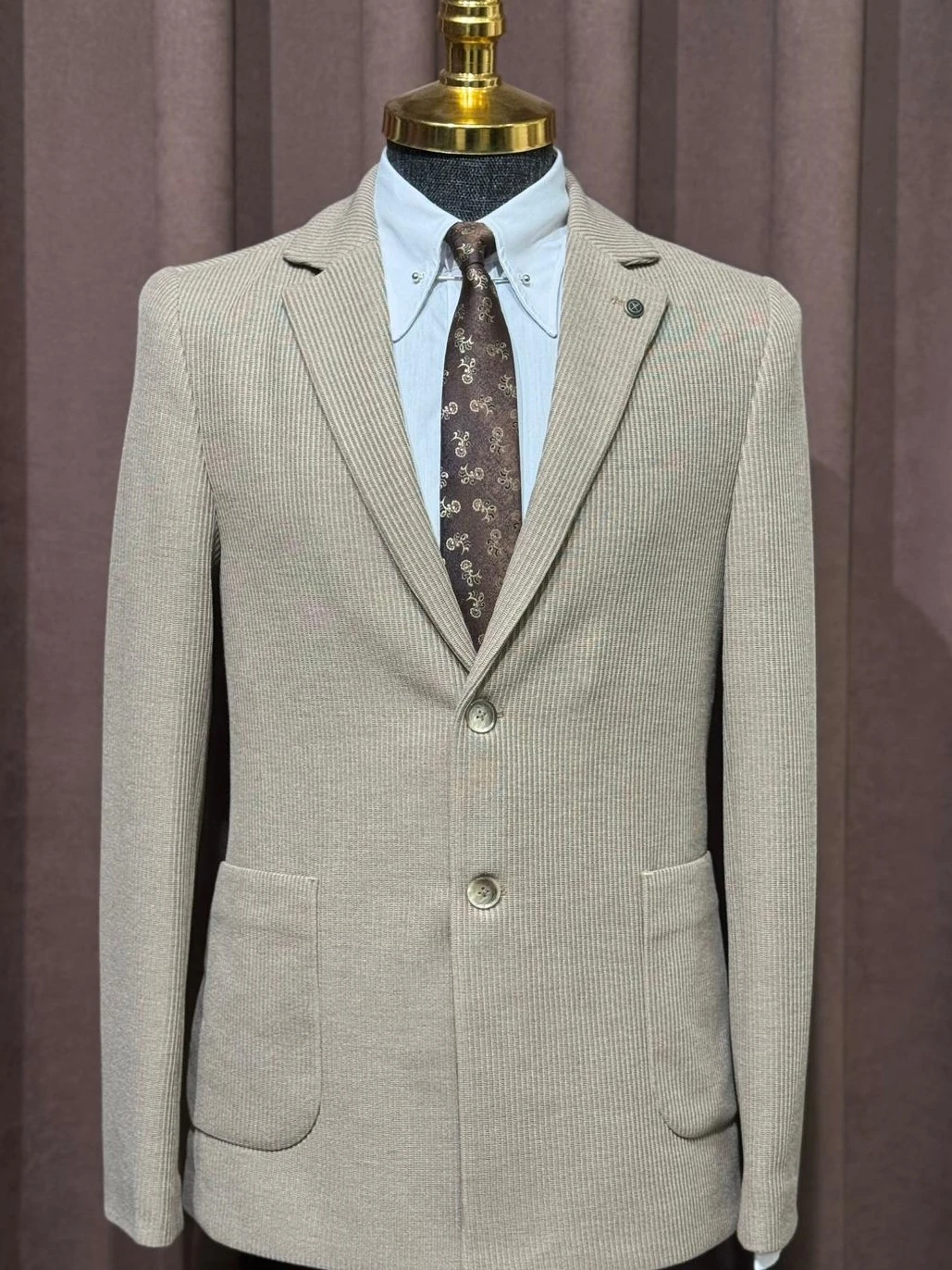 Slim Fit Desenli Torba Cep Detaylı Penye Kumaş Ceket  - Bej