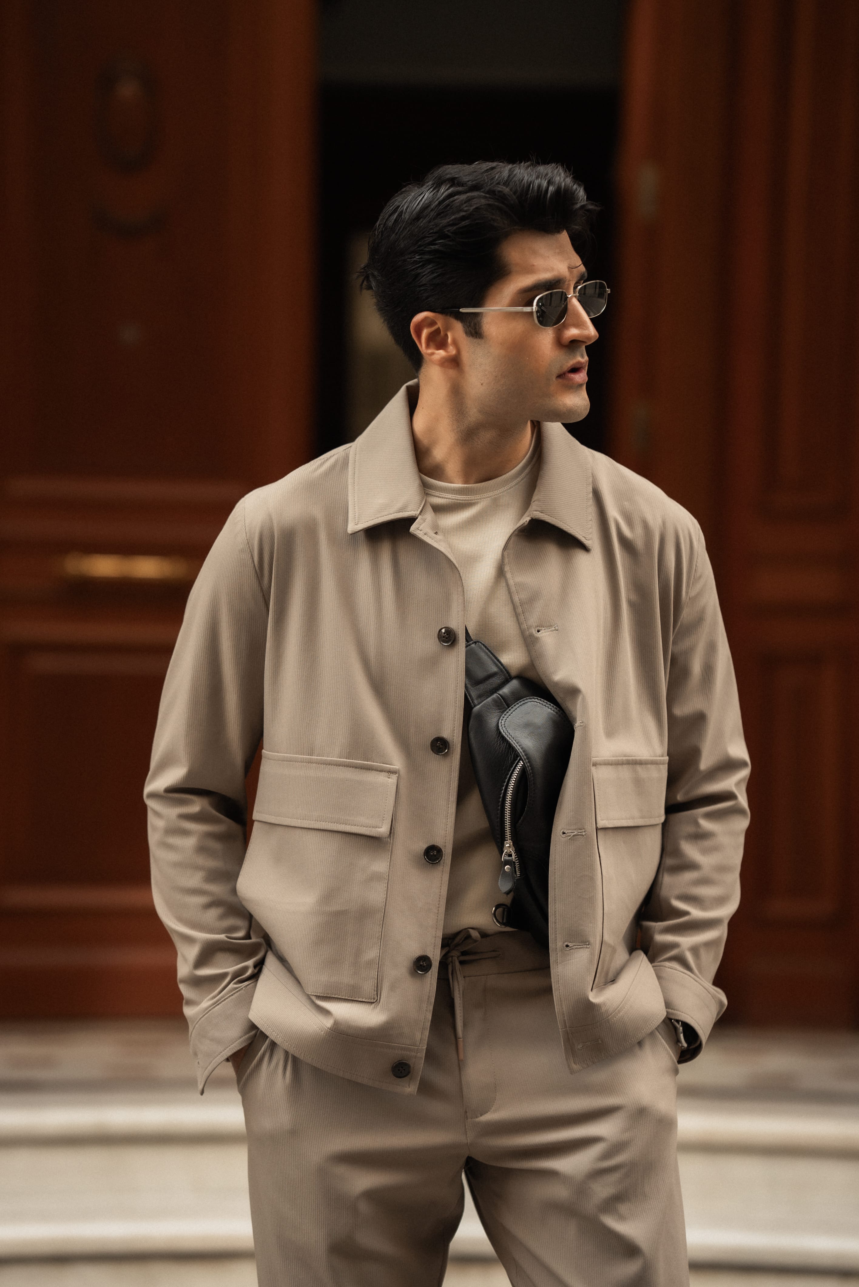 Çizgili Slim Fit Erkek Mont Pantolon Spor Takım Elbise  - Koyu Bej