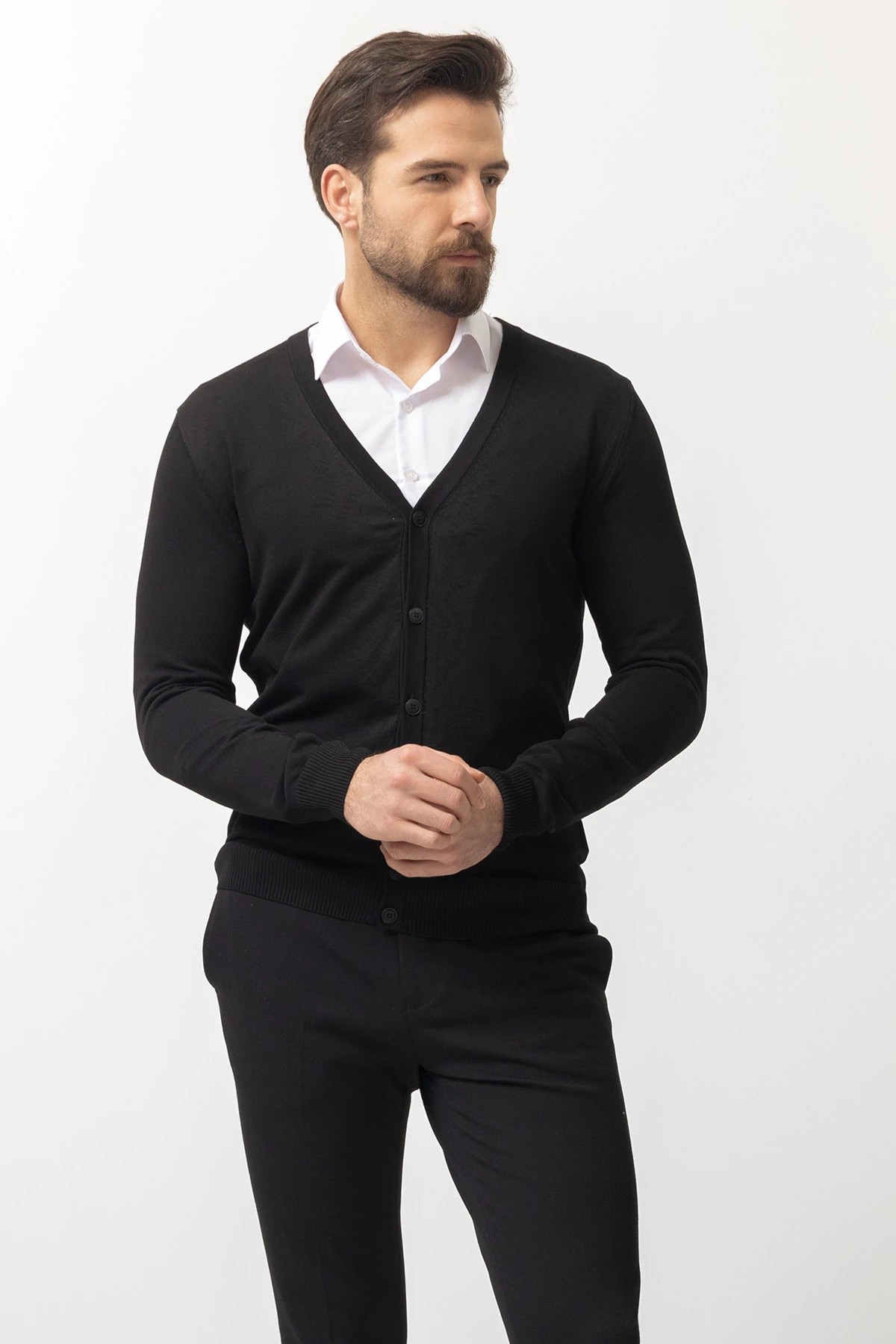  Düz Slim Fit Düğmeli Triko Erkek Hırka