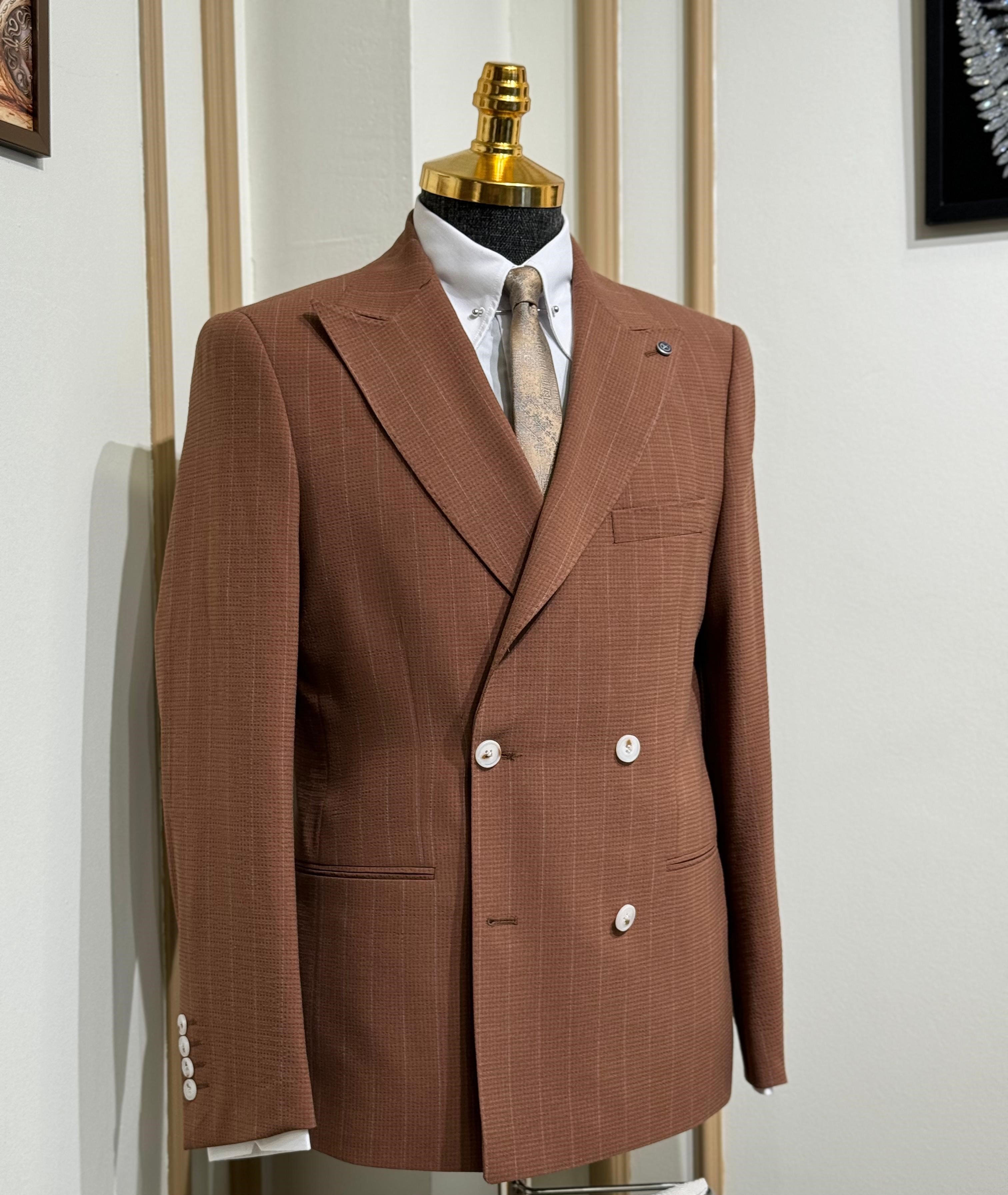 Slim Fit İtalyan Kesim Çizgili Kruvaze Ceket