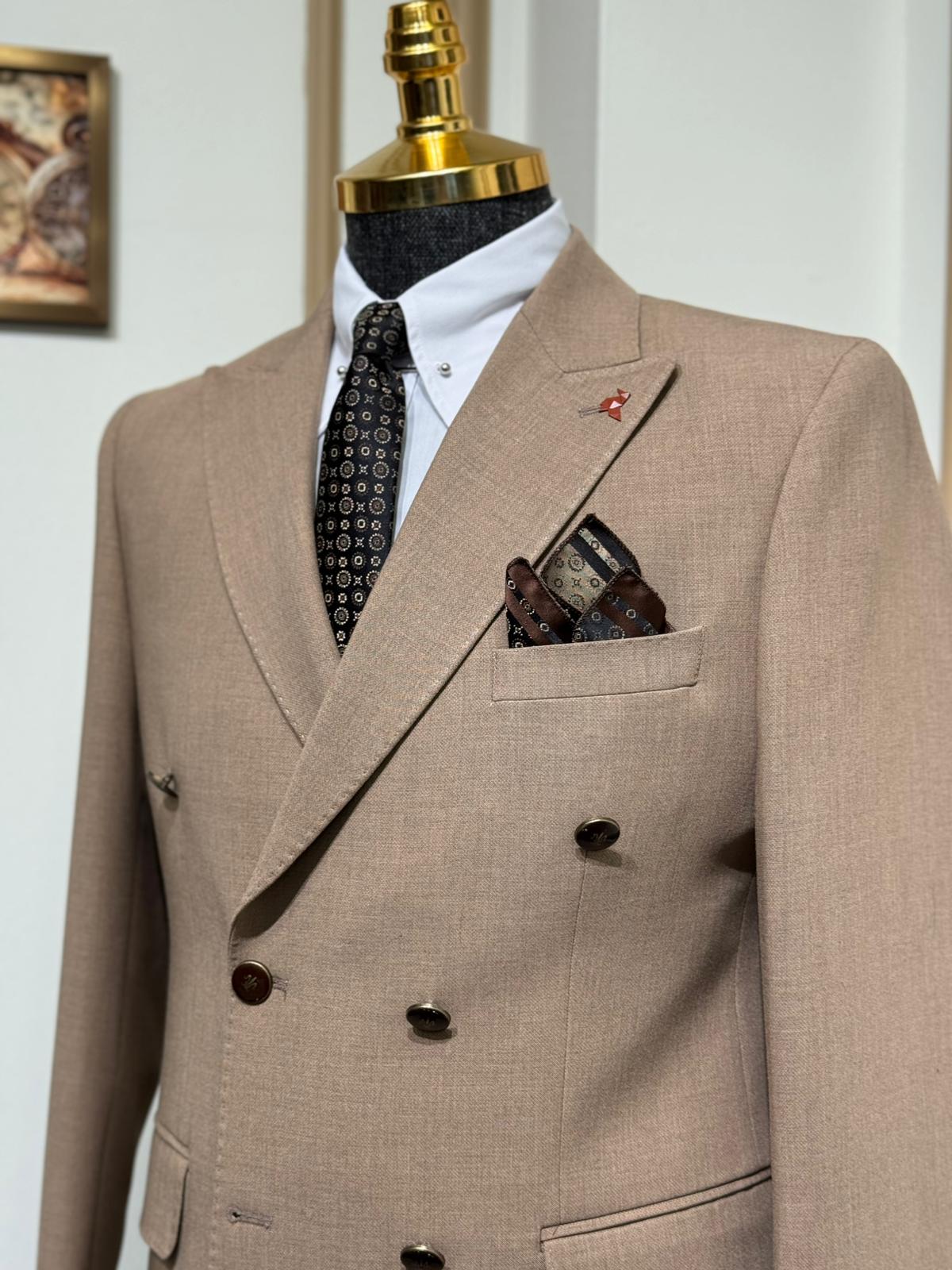 Slim Fit Geniş Yaka Kruvaze Yün Ceket - Bej