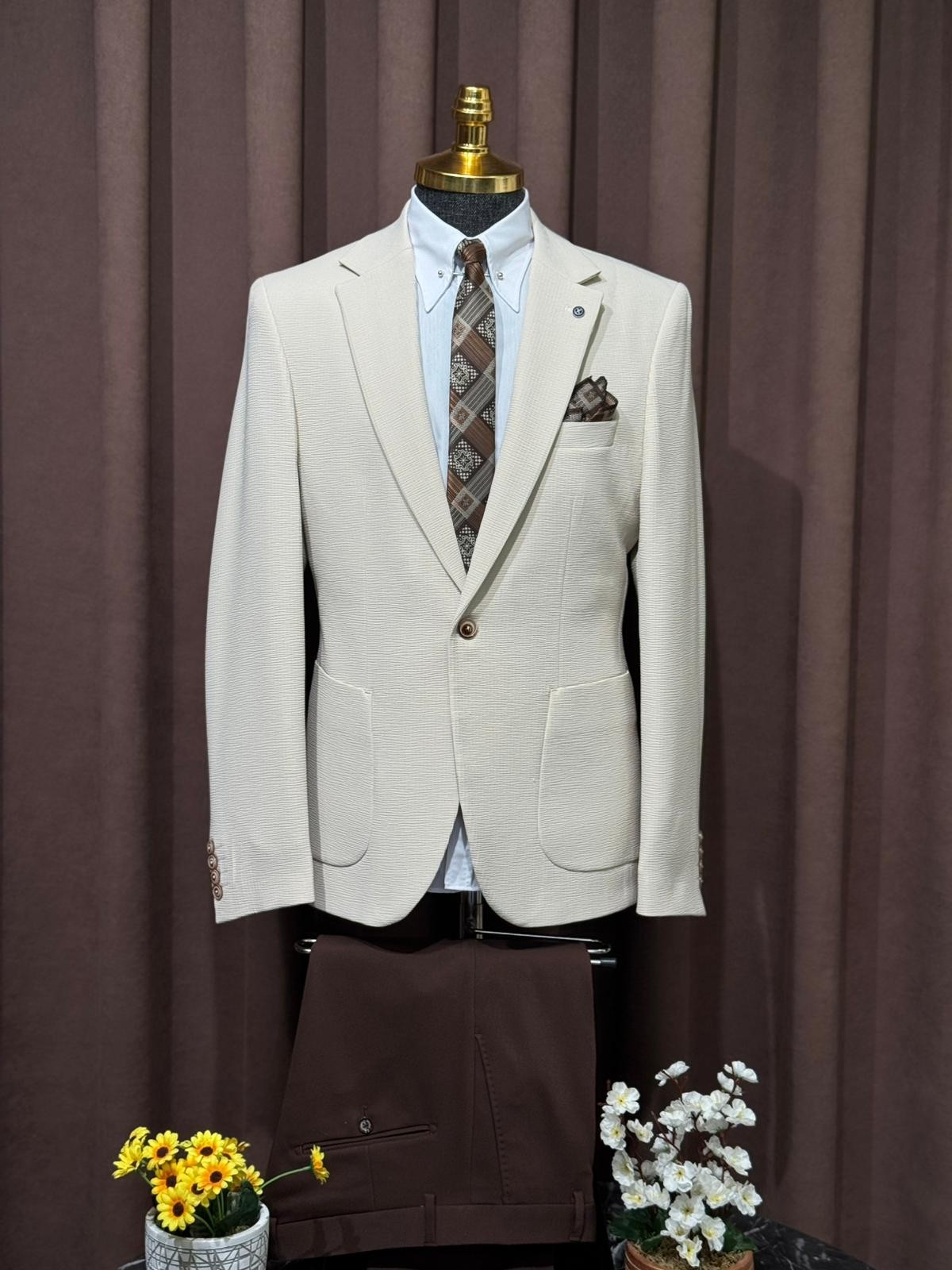 Slim Fit Gofre Kumaş Likralı Takım Elbise  - Bej