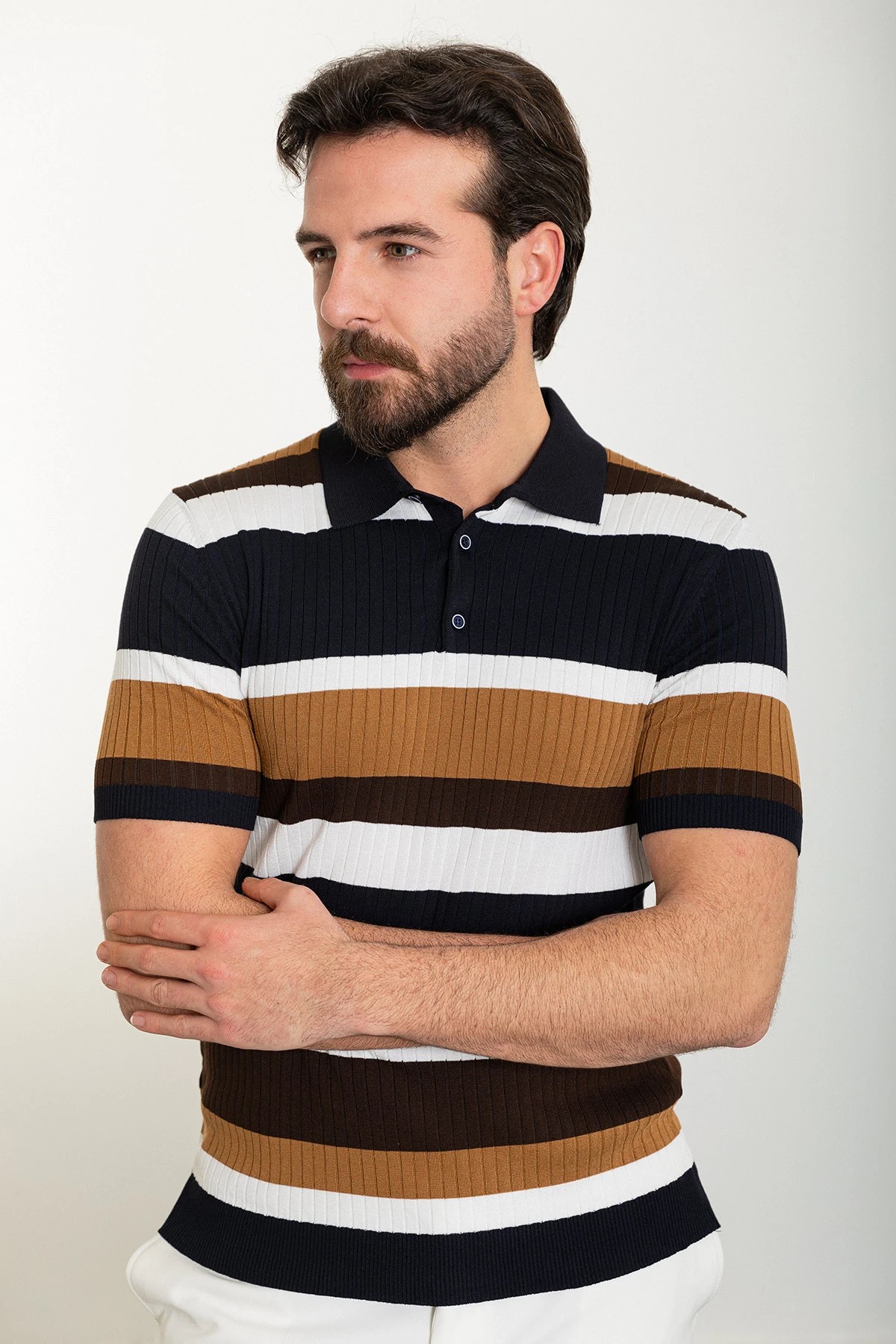 Çizgili Slim Fit Polo Yaka Erkek Triko T-Shirt - Lacivert