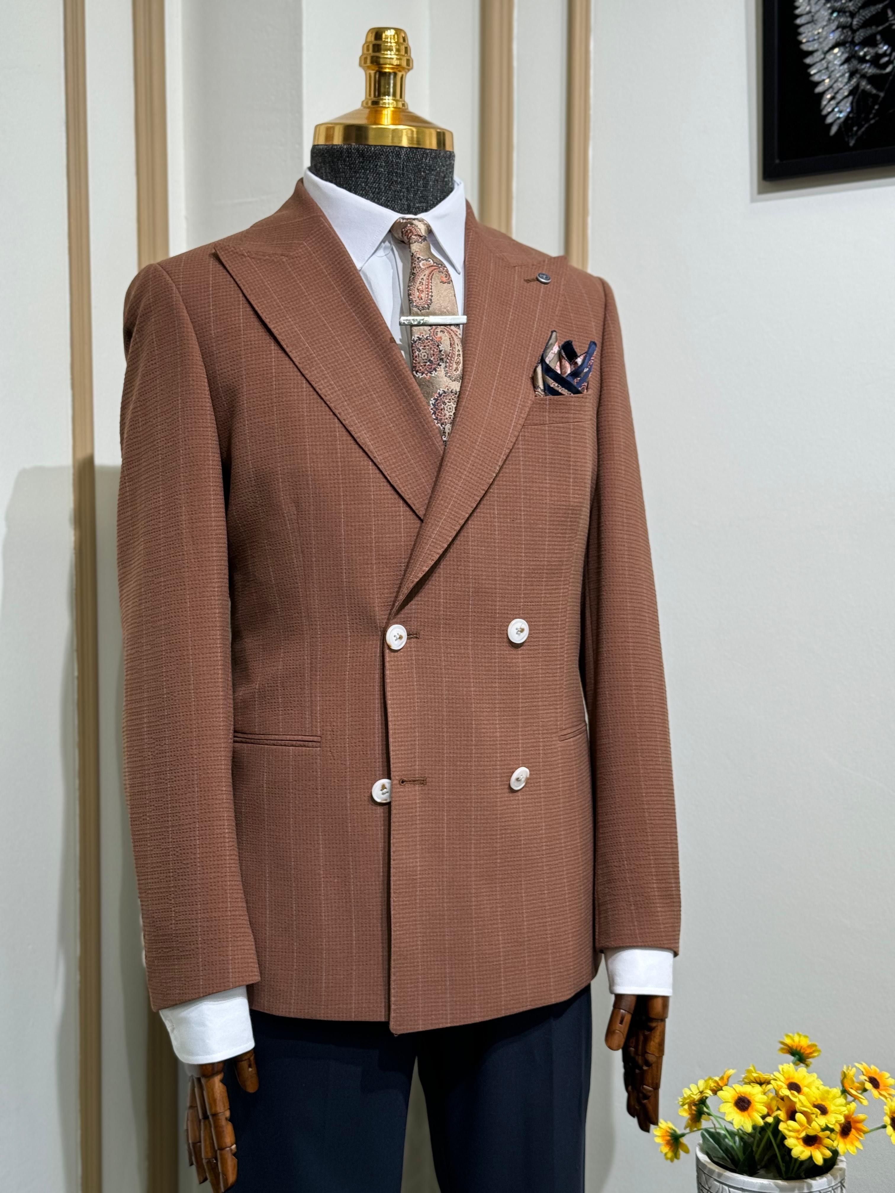 Slim Fit İtalyan Kesim Çizgili Kruvaze Ceket