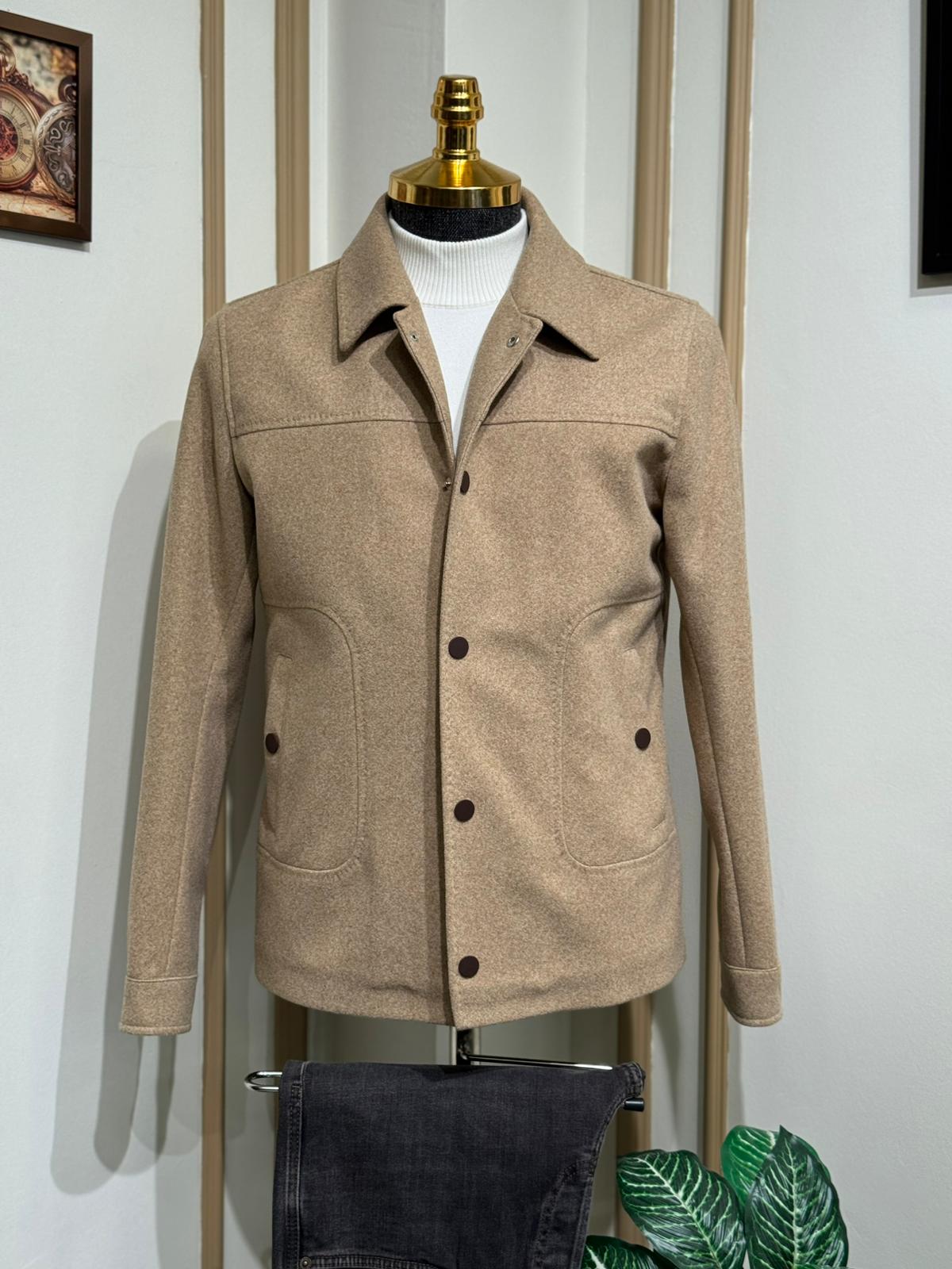 Slim Fit Gömlek Yaka Yün Mont  - Bej