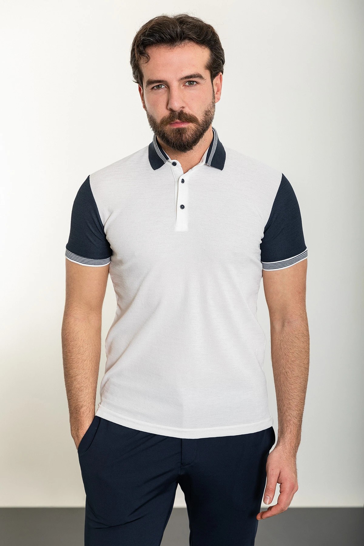 Parçalı Slim Fit Polo Yaka Erkek T-Shirt - Beyaz